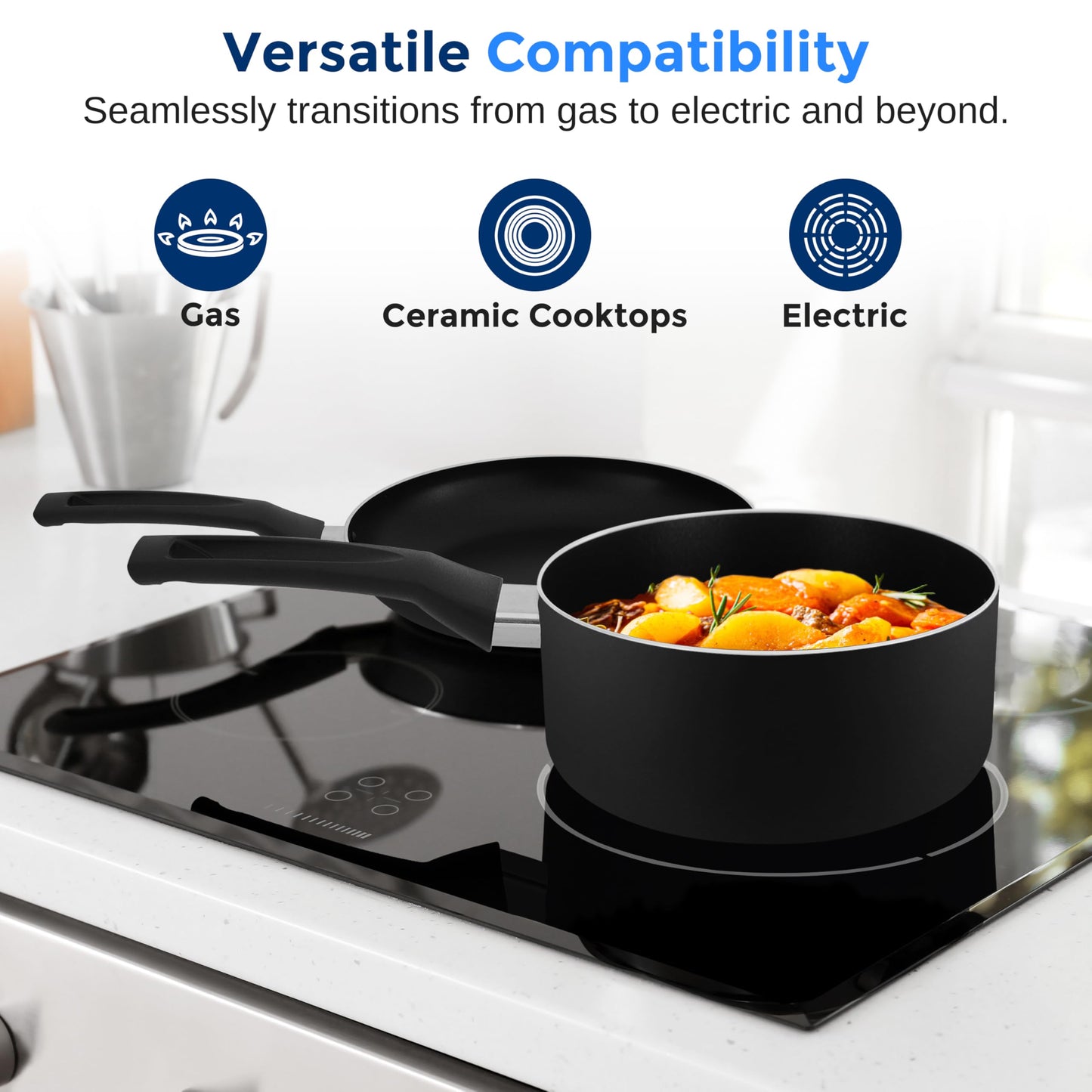 SereneLife Kitchenware Pots & Pans Basic Kitchen Cookware, Black Non-Stick Coating Inside, Heat Resistant Lacquer (20-Piece Set), One Size