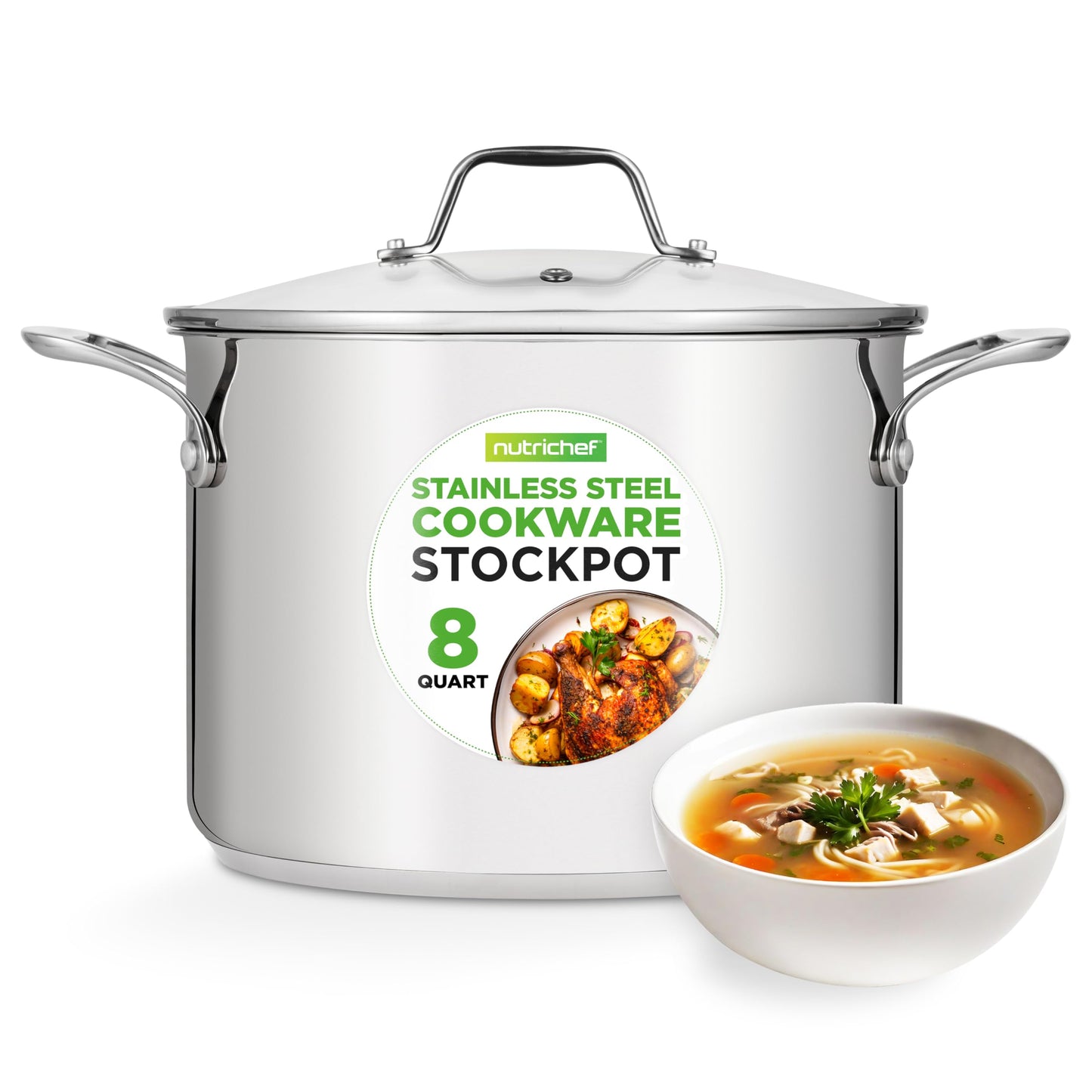 NutriChef 8-Quart Stainless Steel Stock Pot - 18/8 Food Grade Stainless Steel Heavy Duty Induction - Stock Pot, Stew Pot, Simmering Pot with See-Through Lid, Dishwasher Safe - NCSP8