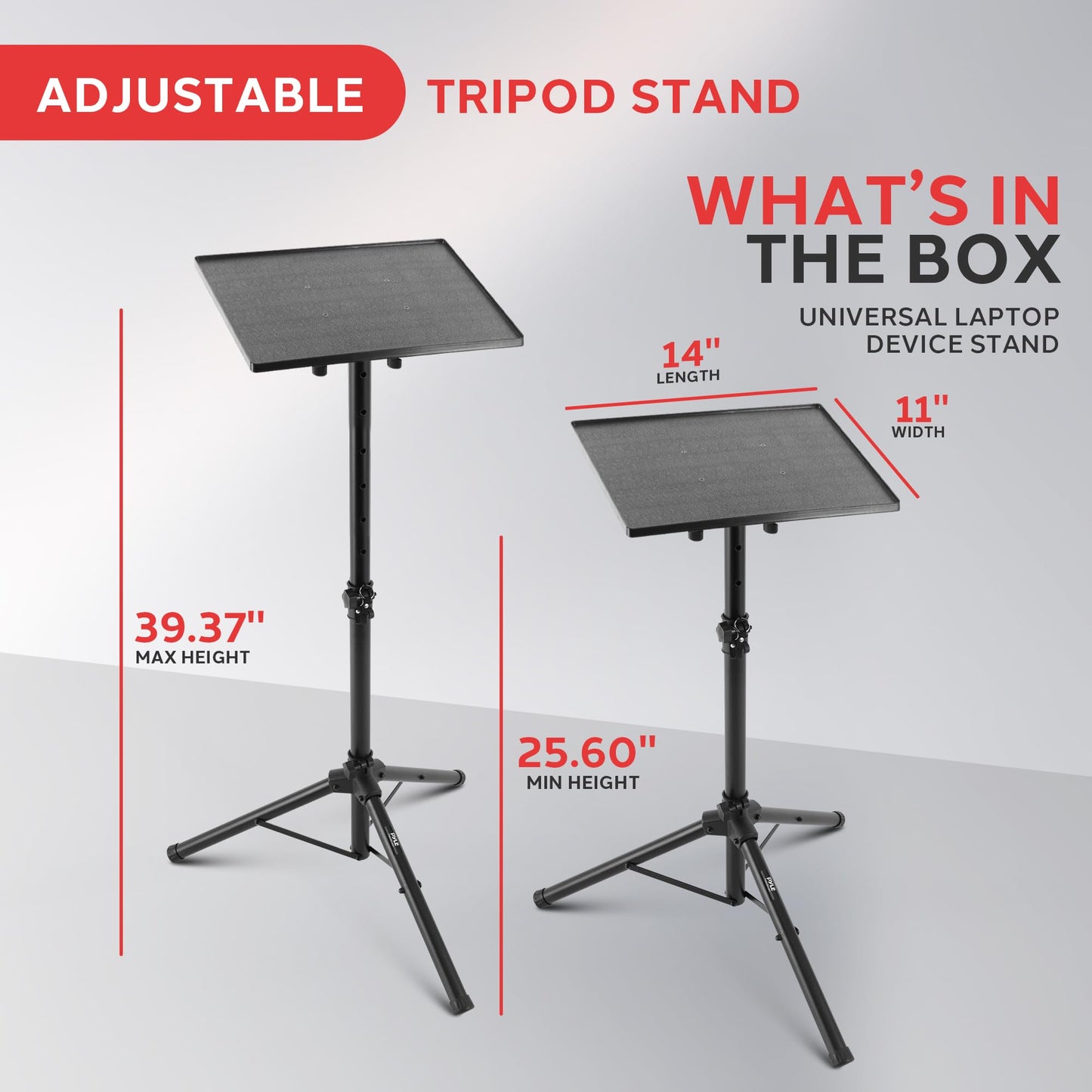 PYLE PRO Universal Laptop Projector Tripod Stand - Computer, Book, DJ Equipment Holder Mount Height Adjustable Up to 39.37” w/ 14” x 11” Plate Size -for Office, Home, Stage, Studio, DJ Racks Holder