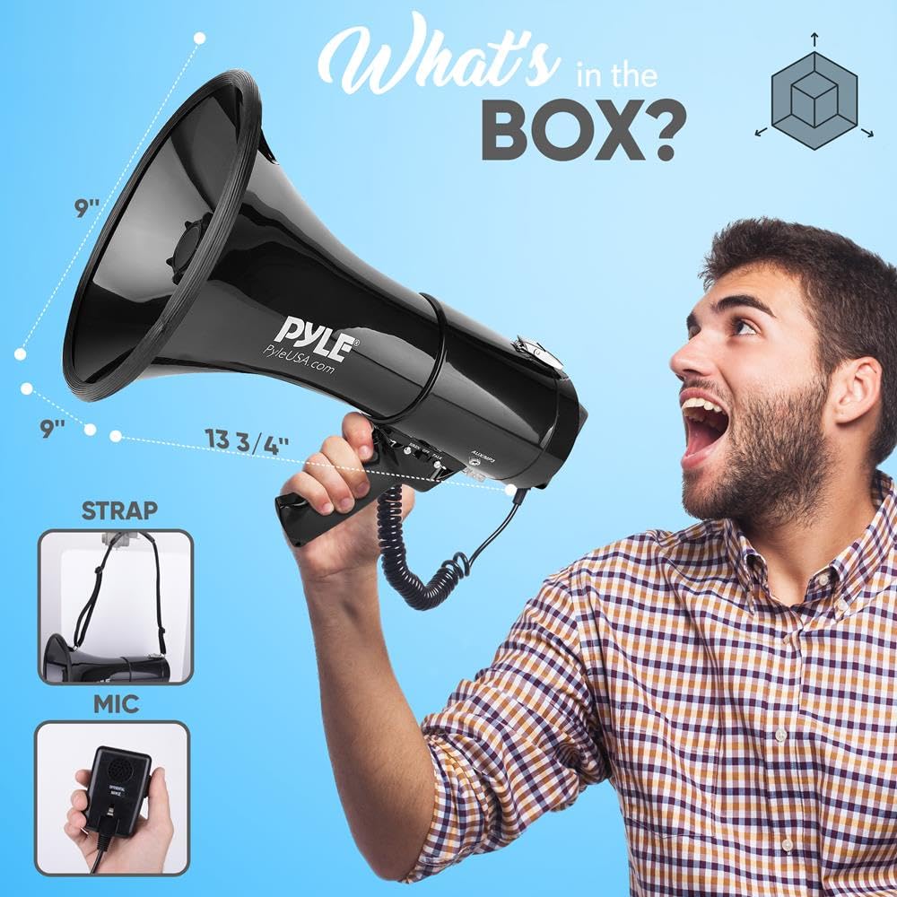 PYLE-PRO 50W Megaphone Speaker PA Bullhorn, Black Aux Input, Adjustable Volume, Siren, 35mm Aux Input, Ideal for Sports Events & Emergency Drills- PMP53IN
