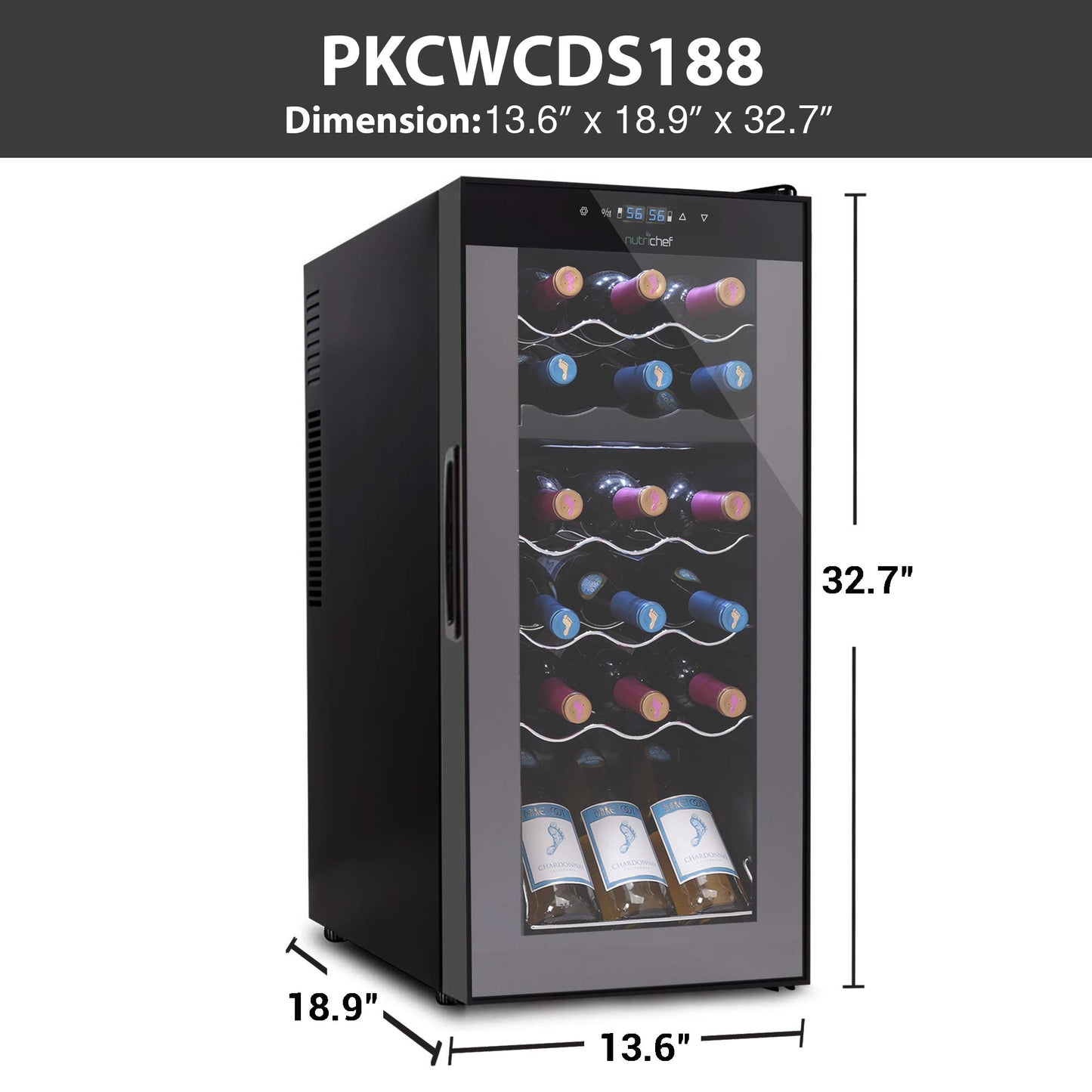 NutriChef PKCWCDS188 Freestanding Wine Fridge, 18 Bottle Dual Zone Beverage Cooler for Home & Office, 32x13x19 inches, Adjustable Temp 41-64F, Black