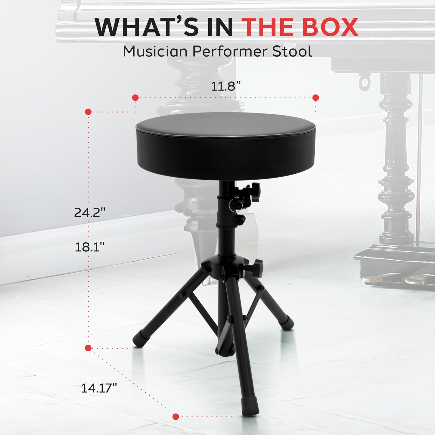 Pyle Drum Throne, Rotatable Padded Seat, Adjustable Height, Foldable Design, Solid Steel Legs, Non-Slip Rubber Feet, Musicians & Drummers, Assembly Required, Supports Up to 330 lbs, 0 lbs Weight