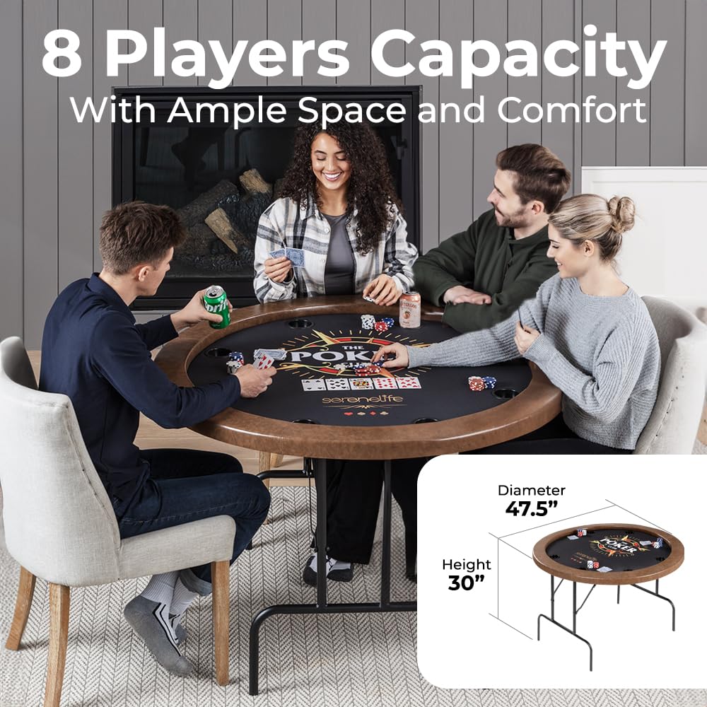 SereneLife 8- Player Round Foldable Poker Table, Casino Leisure Texas Holdem Table, w/ water Resistant Cushioned Rail, 8 Cup Holders, Brown Felt Surface, Black Jack Board & Family Games (Chocolate)
