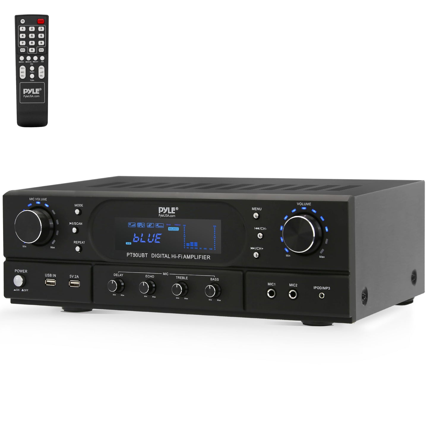 Pyle 500W 2-Channel Home Theater Amplifier Receiver - Bluetooth 5.3 - Wireless - MP3/USB/FM - 2 Mic Inputs with Echo/ Bass/ Treble Controls - RCA In/Out - for Streaming & Karaoke - PT90UBT