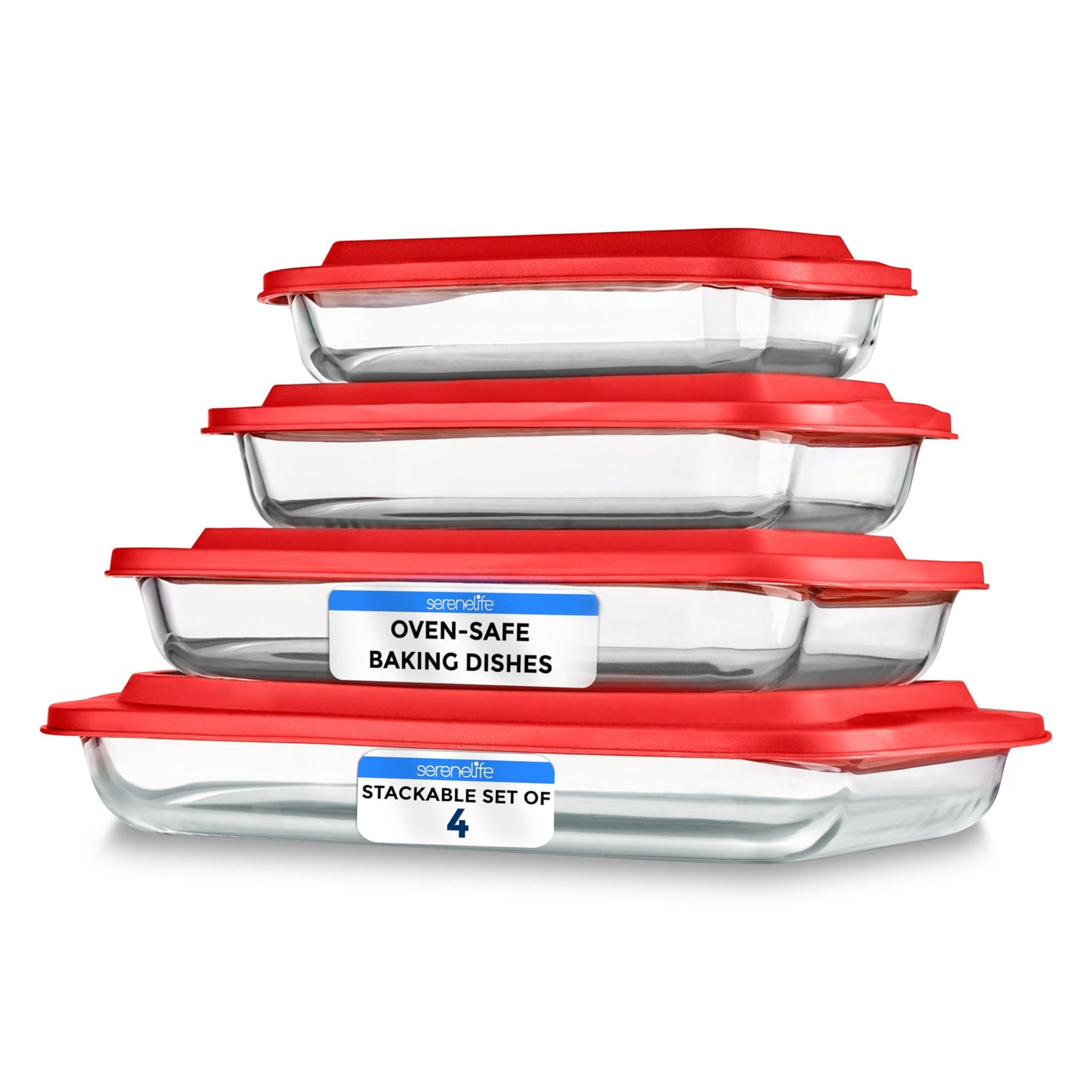 SereneLife 8-Piece Glass Baking Dish with Lids Set - ( 4 Heavy Duty Rectangular Glass Baking Pan with 4 BPA-Free Lids ), Oven-Safe Bakeware for Lasagna, Meats, Desserts - Dishwasher Safe, Red
