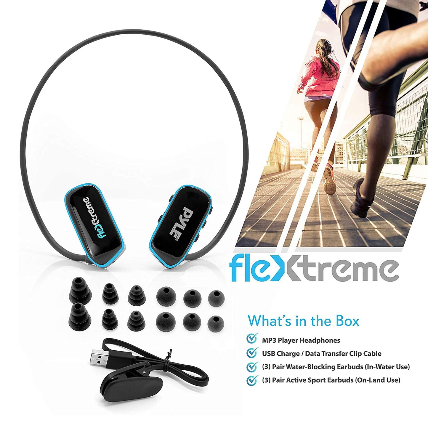 Pyle Flextreme Waterproof Sports Wearable MP3 Headset Music Player 8GB Underwater Swimming Jogging Walking Gym Earphones Earbuds Rechargeable Comfortable Flexible Headphones USB Connection (PSWP14BK)
