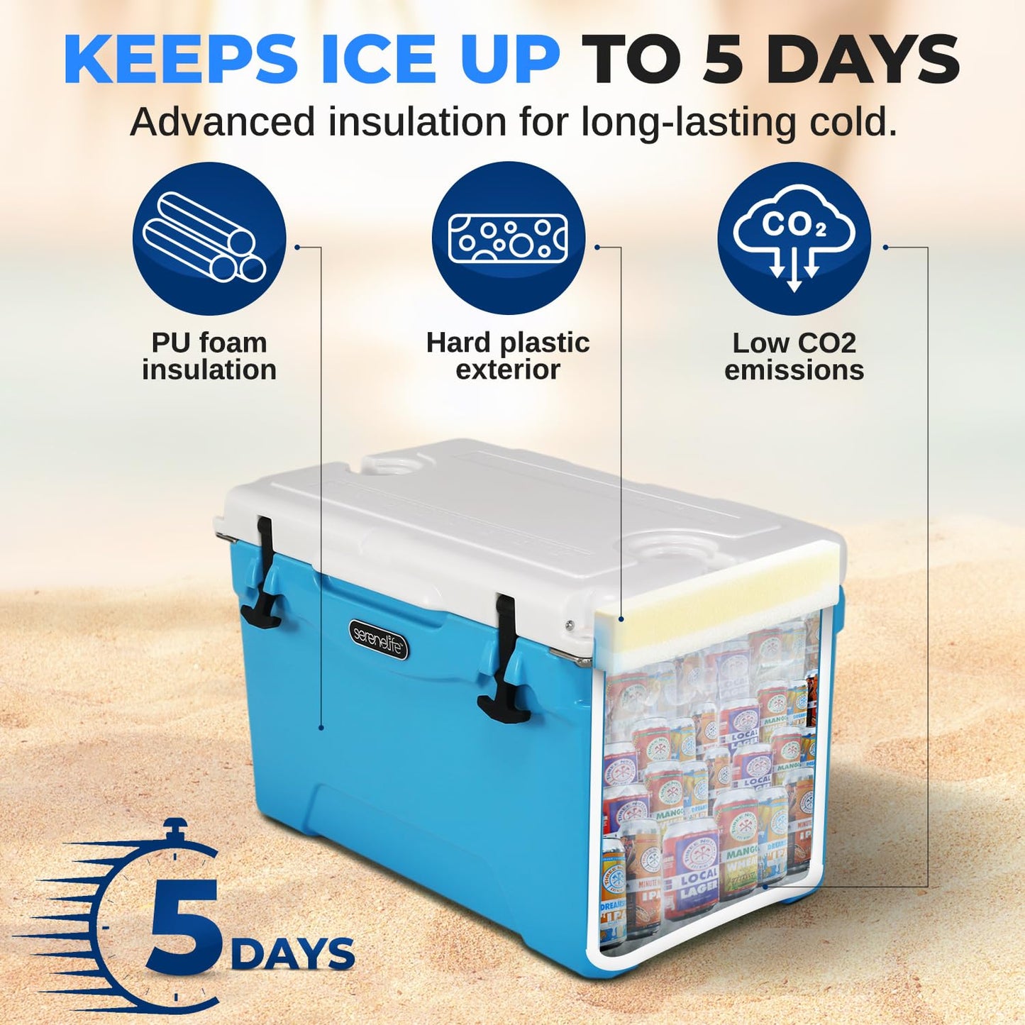 SereneLife Ultra-Tough 50 Quart Rotomolded Cooler Box, Holds Upto 64 Cans, Keeps Ice Up to 5 Days, Heavy-Duty Insulated Portable Ice Chest Box, Ideal for Camping, Beach, and Outdoor Adventures