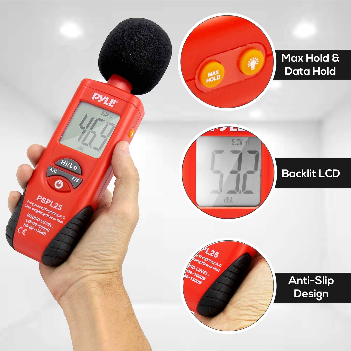 Pyle Digital Handheld Sound Level Meter - Meter Automatic with A and C Frequency Weighting for Musicians and Sound Audio Professionals, 9V Battery Type - Pyle SPL25, Red/Black (PSPL25)