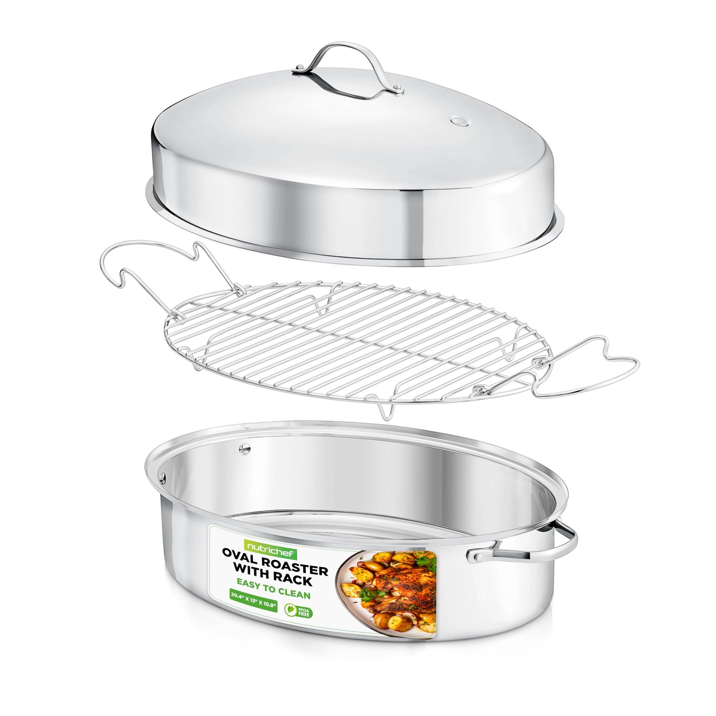 NutriChef 20" Oval Roasting Pan with Rack and Lid - Premium Stainless Steel Roaster Dish w/ Wide Handles & Removable Rack, Multi-Use Cookware for Turkey, Chicken, Stews, & More - Dishwasher Safe