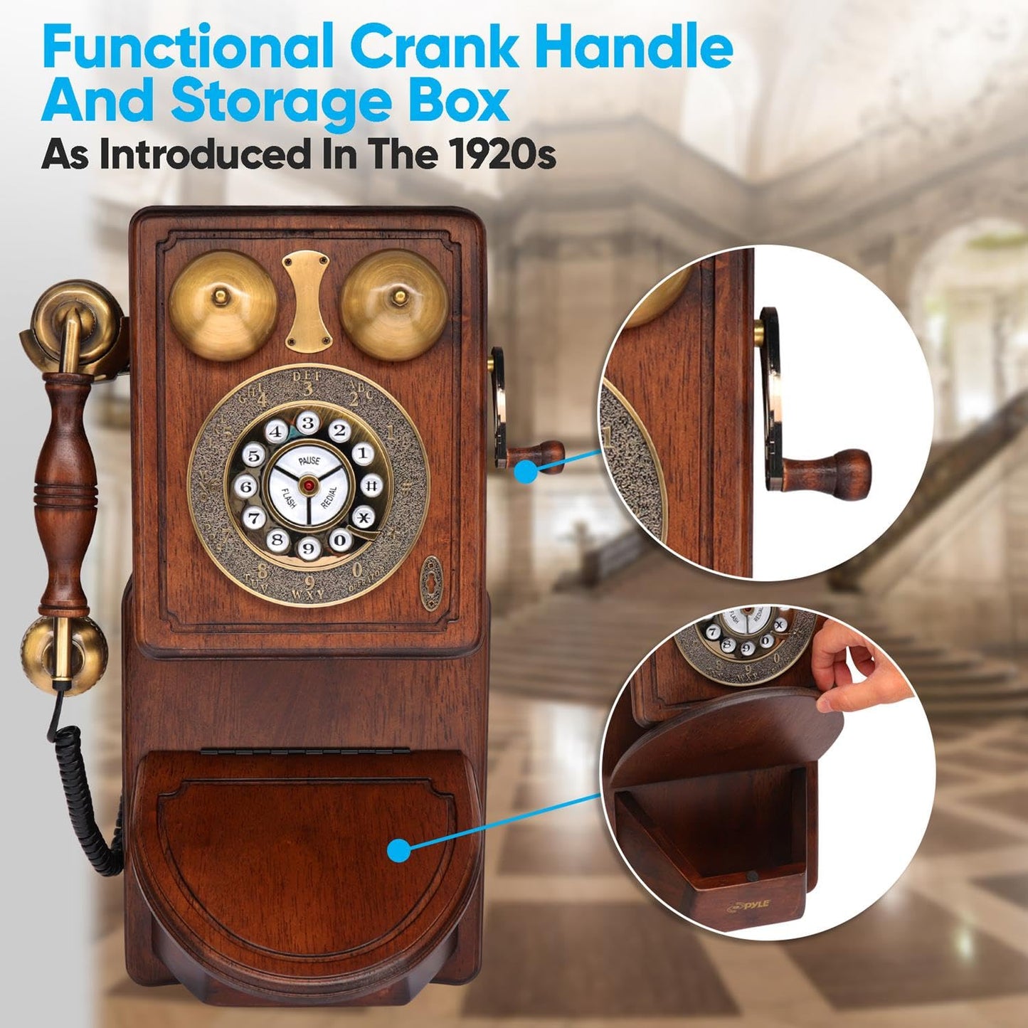 Pyle Vintage Classic Wall-Mount Corded Phone – Retro Design with Crank Handle, Tone/Pulse Switch, Redial Function, Handcrafted Wood & Veneer, Antique Landline Telephone