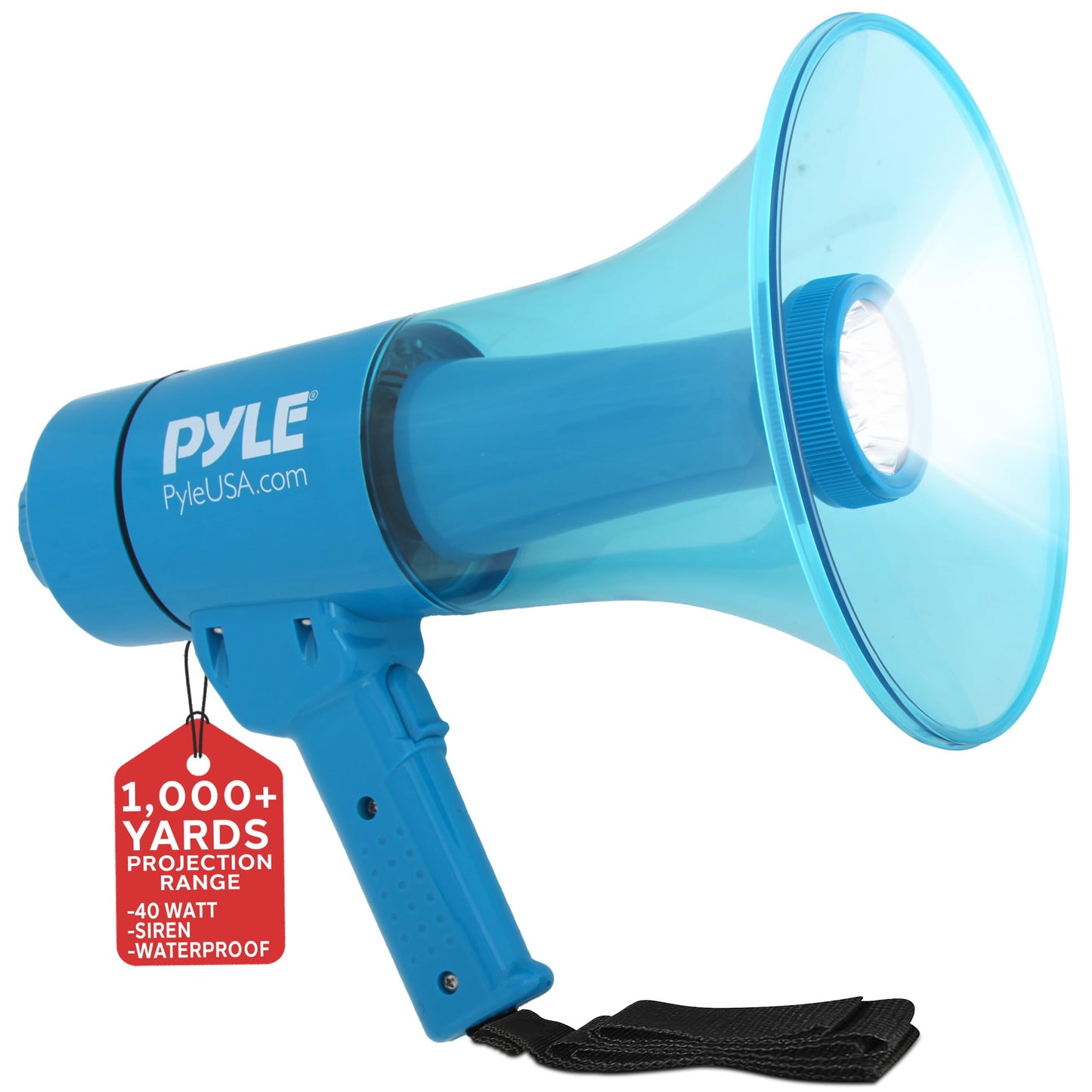 Pyle Compact and Portable Mega Phone Speaker - 40W Waterproof Bullhorn with Alarm Siren, Adjustable Volume, LED Flashlight, and AA Battery Power - Indoor/Outdoor Use for Cheering at Football Games