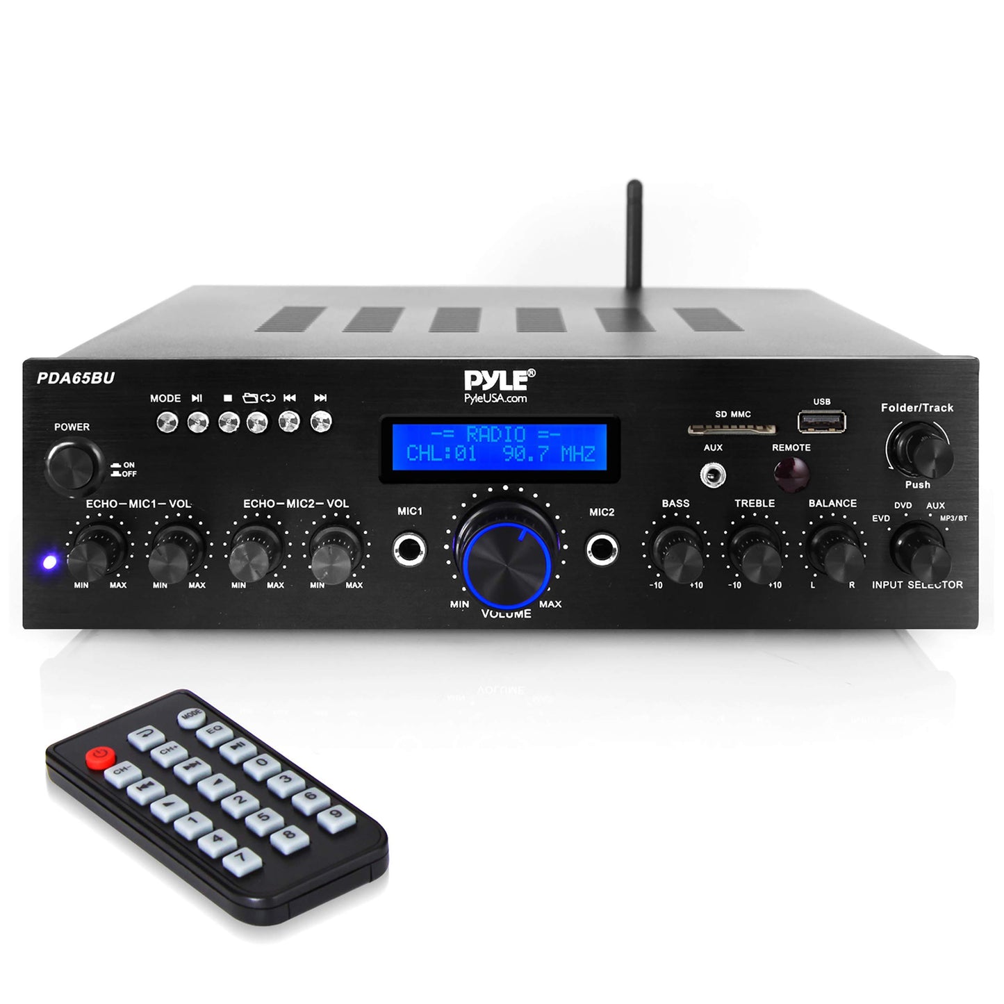 Pyle 200W Wireless Bluetooth Power Amplifier - Dual Channel Stereo Receiver with USB Flash Reader - SD Card - AUX - MIC IN w/ Echo - Radio - Home Theater - Studio Use - RCA Output - PDA65BU