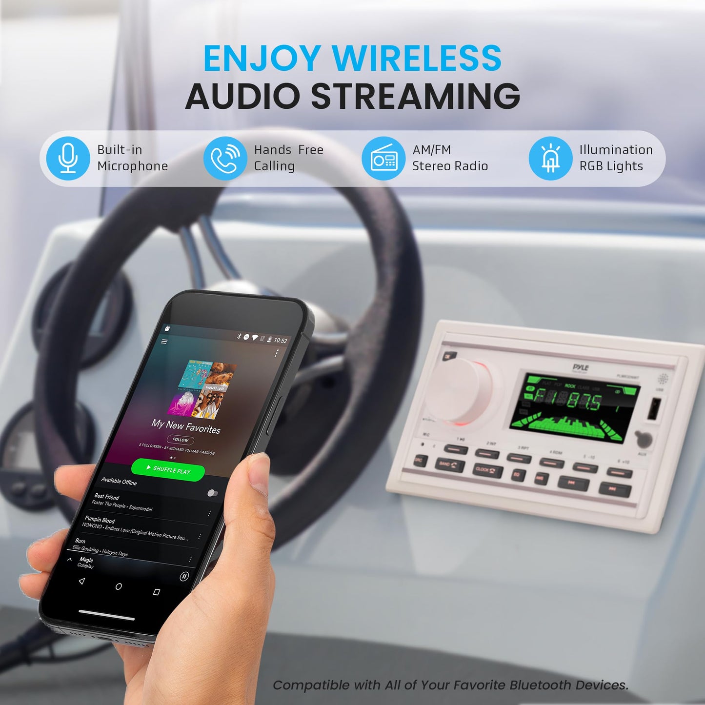 Pyle Boat Bluetooth Marine Stereo Receiver-Marine Head Unit Double DIN Stereo Receiver Power Amplifier&Speaker Kit-Hands-Free Calling,AM/FM/MP3/BT/USB/AUX-Remote,Speakers-Pyle PLMR3DNWT(White)