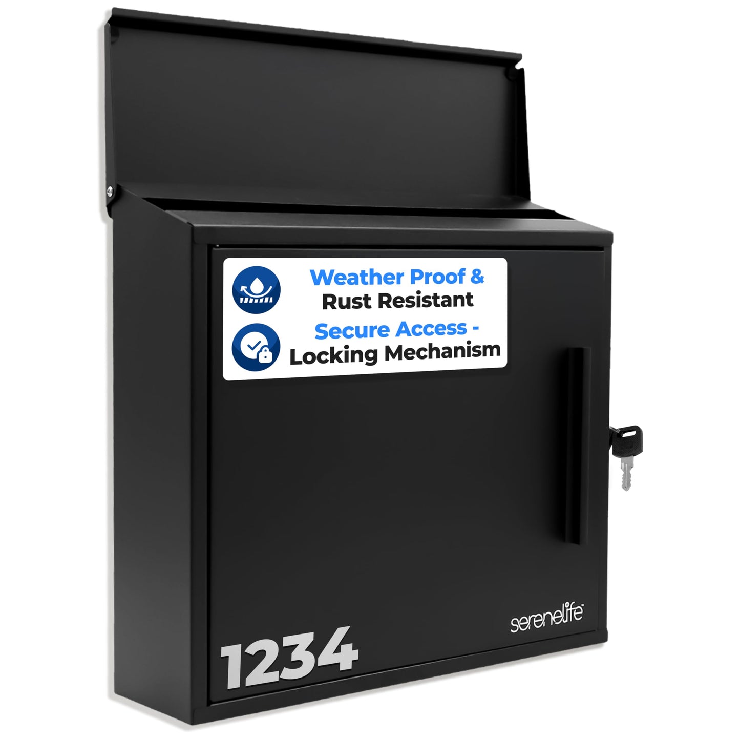 SereneLife Outdoor Wall Mailbox | 0.46 Cubic FT Locking Mailbox | Easy Installation, Secure Lock Mechanism | Ideal for Residential or Commercial Use | Wall Mountable 13.77" x 4.52" x 12.99 | Black