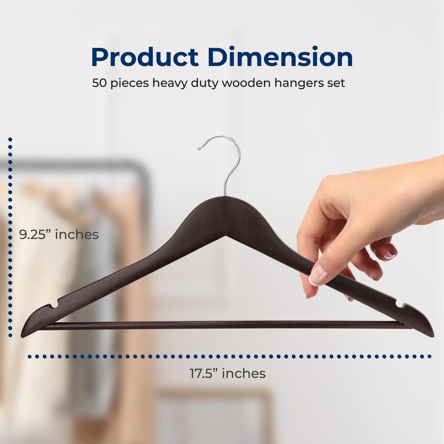 SereneLife 50-Pack Wooden Coat Hangers – Durable Suit Hangers with 360° Swivel Hook & Notches – Slim Design for Shirts, Jackets, Dresses, and More