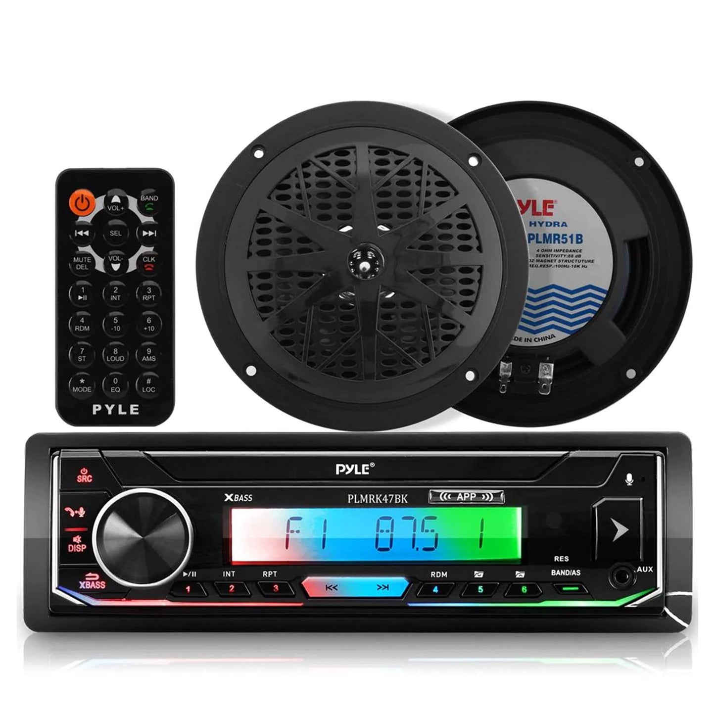 Pyle Bluetooth Marine Receiver Stereo & Speaker Kit 300W Single DIN Boat Marine Head Unit l LCD, Mic, Hands-Free Calling, AUX, MP3/USB/SD, AM/FM Radio, Remote - PLMRK47BK (Black)