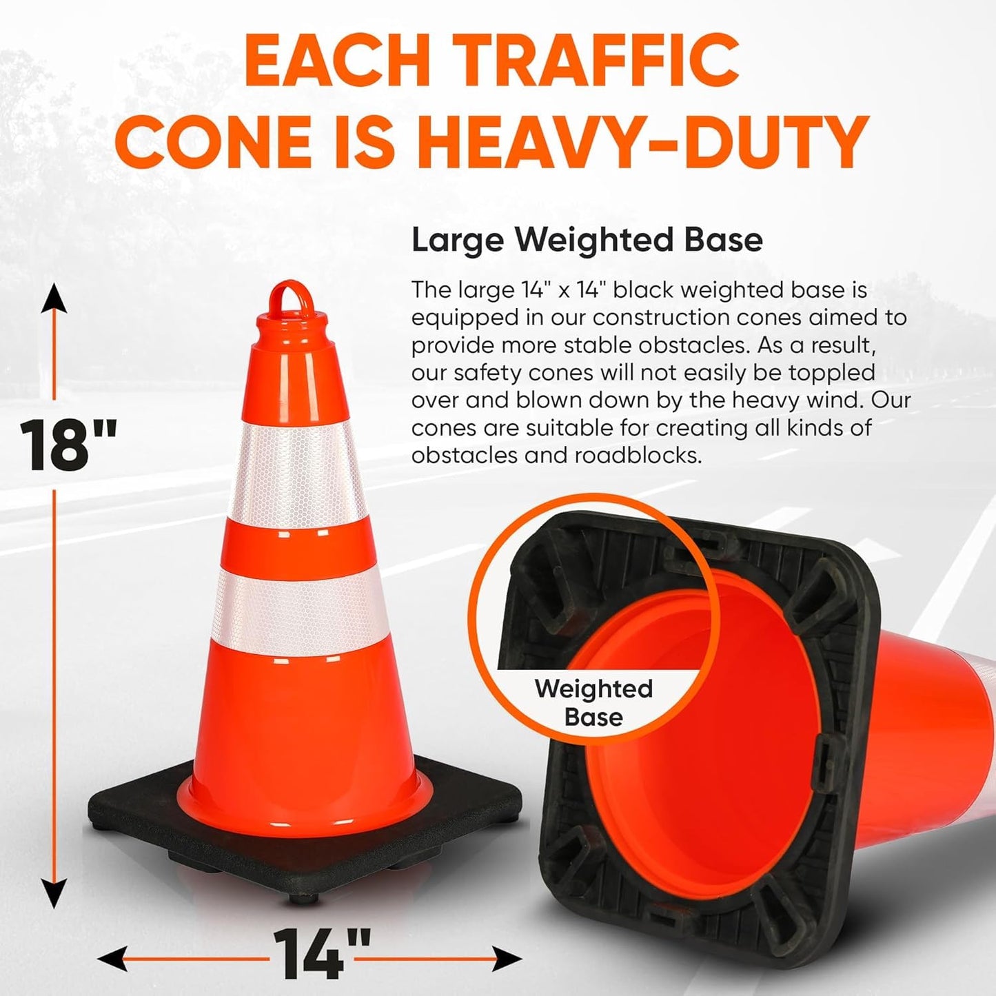 Pyle 18" PVC Traffic Cones, 8-Pack Safety Cones for Parking, Construction, Roadwork, & Sports Training, High-Visibility Orange, Durable, Stackable Design, Heavy-Duty Base for Stability in All Weather