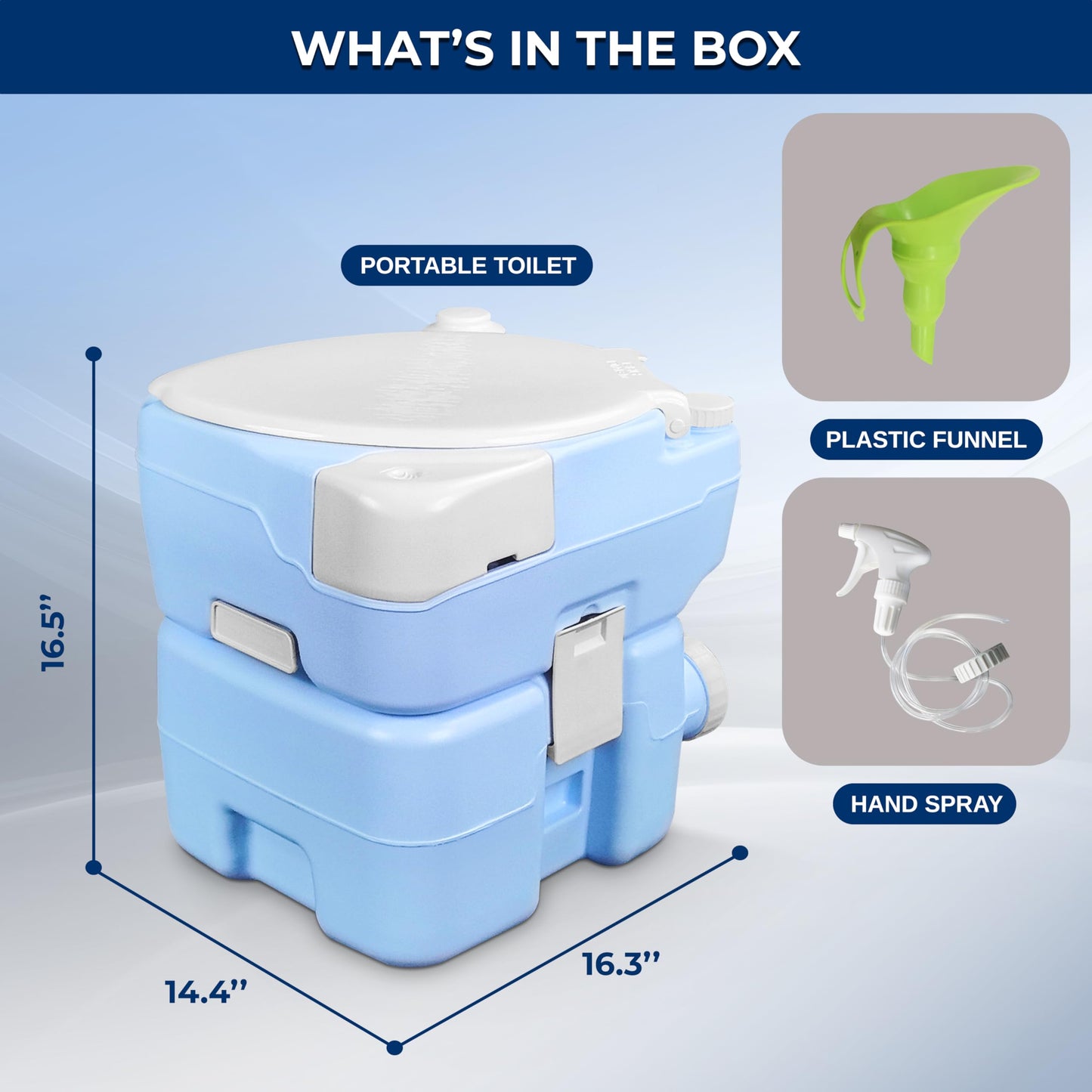 SereneLife 5.2 Gallon Portable Camping Toilet, 120 Flushes with Plastic Funnel, Hand Spray, Diagonal Seat and Mobile Holder, Portable Potty for Camping, Hiking, RoadTrip, Car, Tent
