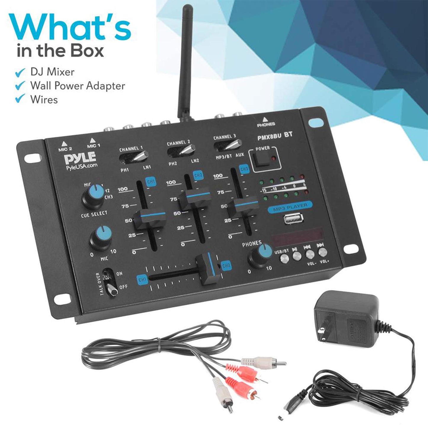 Pyle 3-Channel Wireless Bluetooth DJ Sound Mixer Controller - USB Reader - Dual RCA Phono/Line Inputs - 2 Mic Talk-Over - Headphone Jack - Crossfader - LED Display - PMX8BU