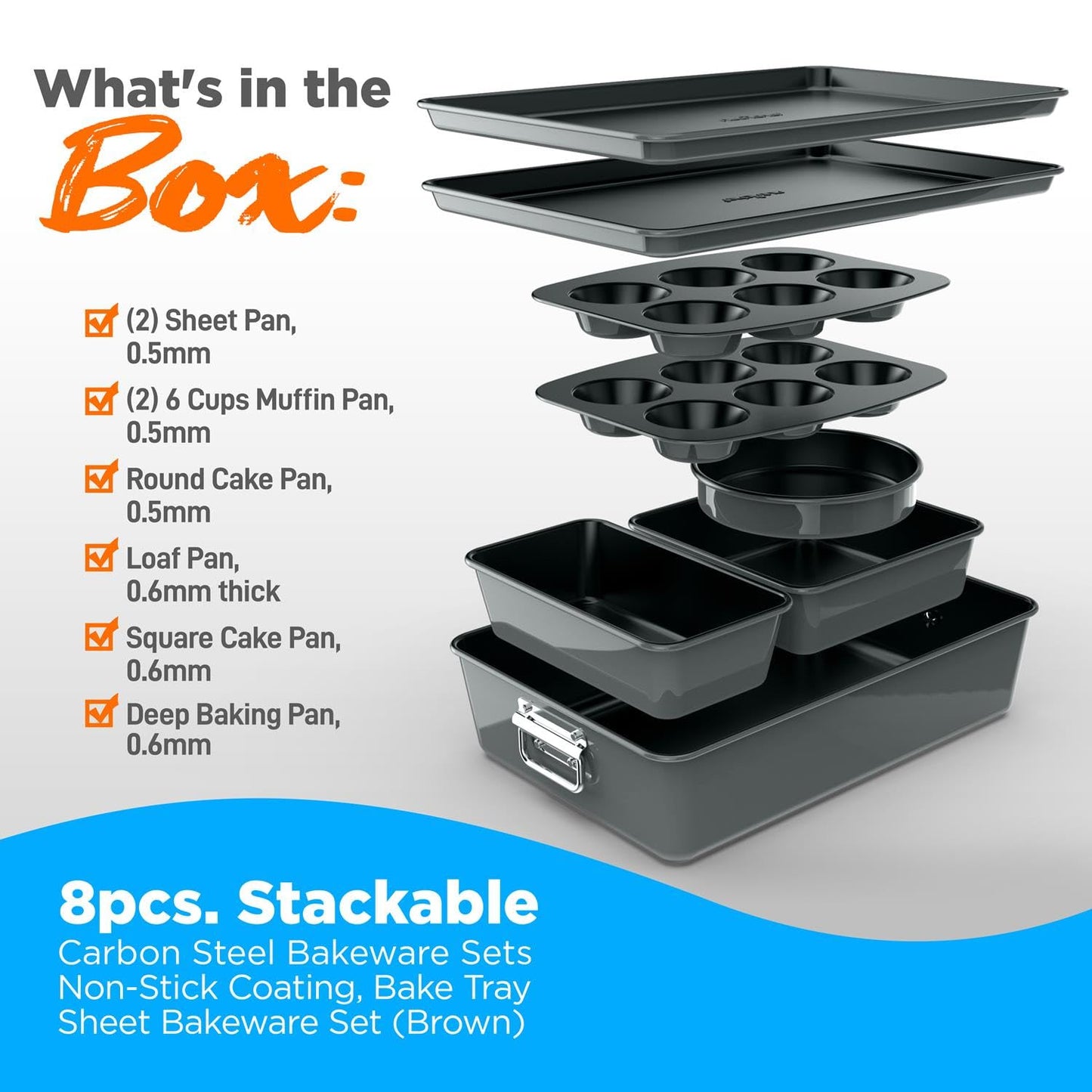 NutriChef 8-Piece Nonstick Stackable Bakeware Set - PFOA, PFOS, PTFE Free Baking Tray Set w/Non-Stick Coating, 450°F Oven Safe, Round Cake, Loaf, Muffin, Wide/Square Pans, Cookie Sheet (Gray)