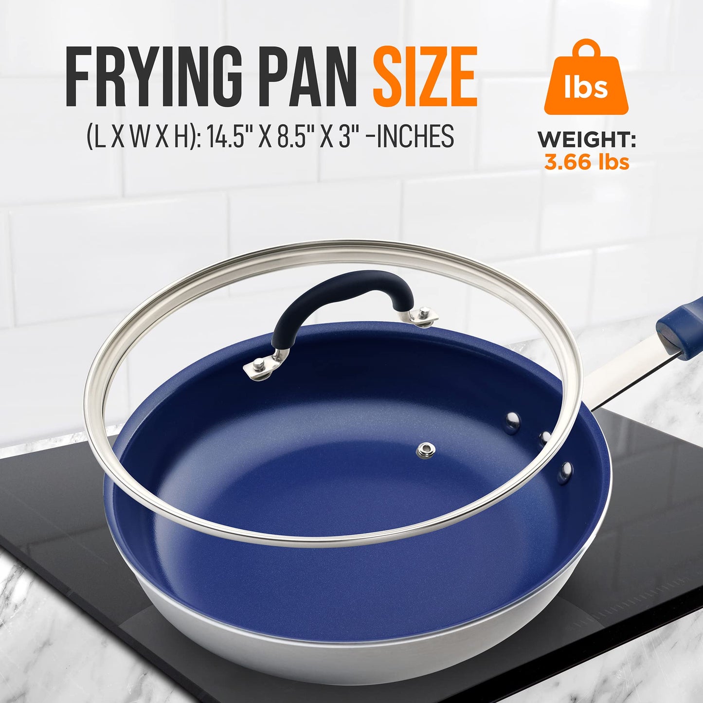 NutriChef 8" Fry Pan With Lid - Small Skillet Nonstick Frying Pan With Lid, Silicone Handle, Ceramic Coating, Blue Silicone Handle, Stain-Resistant And Easy To Clean, Professional Home Cookware