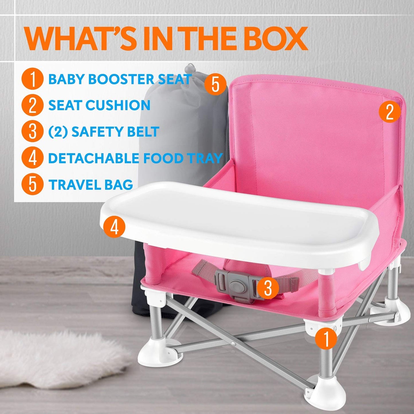 Serene Life Baby Seat Booster -Space Saver Toddler Booster Seat - Portable Pop and open Sit Folding Booster Feeding Chair - Safety Belt/Food Tray/Travel Bag - SereneLife