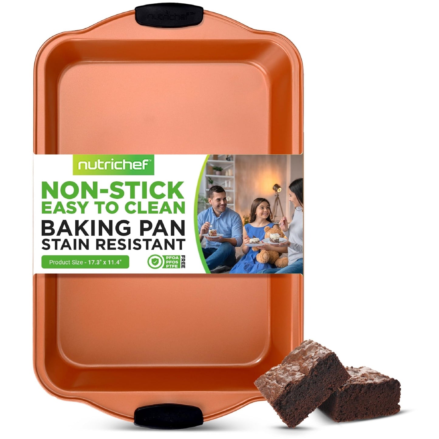 NutriChef 17 Inch x 11 Inch Nonstick Cake Pan, Deluxe Gold Carbon Steel Bakeware W/ Blue Silicone Handles, Ideal for Baking Cakes, Muffins, Loafs, Premium Metal Pan, Compatible with Model NCSBSG36