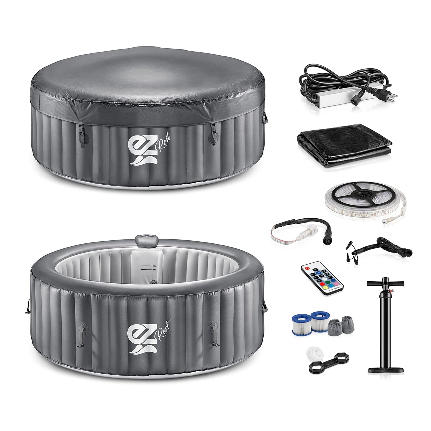 SereneLife Outdoor Portable Hot Tub - 71" x 25'' 4-Person Round Inflatable Heated Pool Spa with 100 Bubble Jets, Filter Pump, Cover, LED Lights, and Remote Control