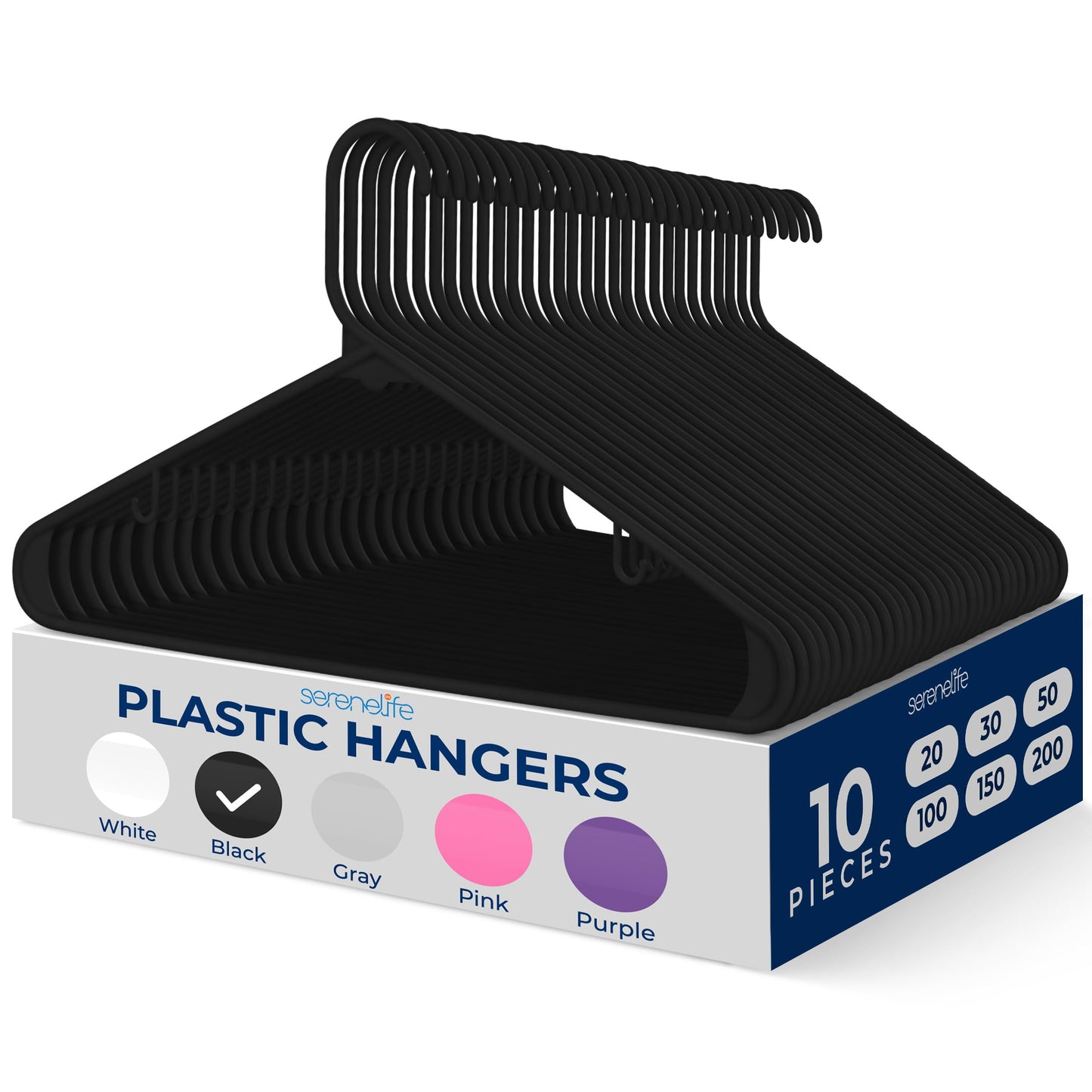 SereneLife 10 Pack Premium Plastic Hangers – Space-Saving, Ultra-Thin & Durable Closet Organizers for Shirts, Sweaters, Hoodies, Dresses & Kids' Clothes – Strong, Lightweight & Non-Slip with Grooves
