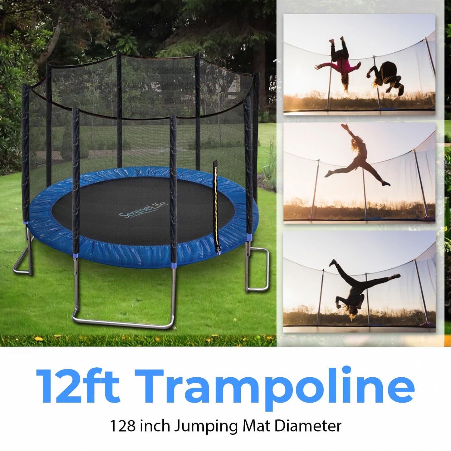 SereneLife 12FT Trampoline Outdoor – Heavy-Duty Backyard Trampoline for Kids and Adults with Wide Jumping Surface, Stable L-Shaped Legs, Safety Net, ASTM Approved, Supports 264 lbs., 144 x 106 IN