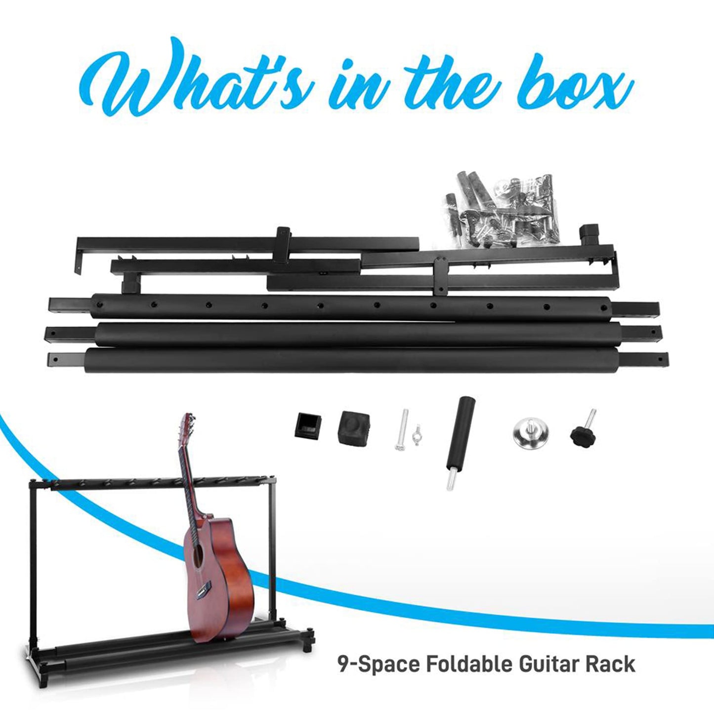 PYLE Guitar Rack – 9 Space Foldable Guitar Stand, Universal Portable & Collapsible Multi Guitar Holder, Easy Storage Guitar Support, Securely Holds Multiple Guitars- Acoustic, Electric, & Bass Guitars