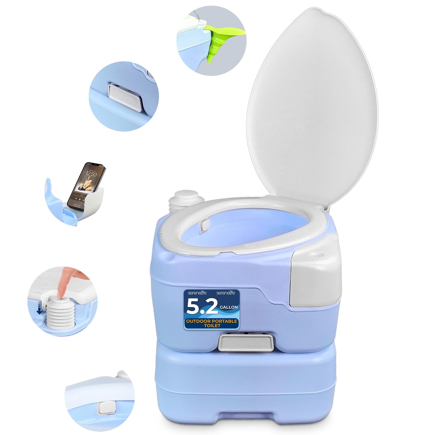 SereneLife 5.2 Gallon Portable Camping Toilet, 120 Flushes with Plastic Funnel, Hand Spray, Diagonal Seat and Mobile Holder, Portable Potty for Camping, Hiking, RoadTrip, Car, Tent