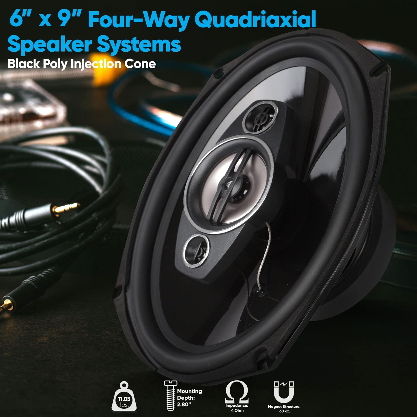 Pyle 6x9"/7x10" car Speakers 4-Way Quadriaxial Full Range Sound Audio - Butyl Rubber Surround, 500W w/ 4Ohm Impedance & 3/4'' Piezo Tweeters - Black Pair