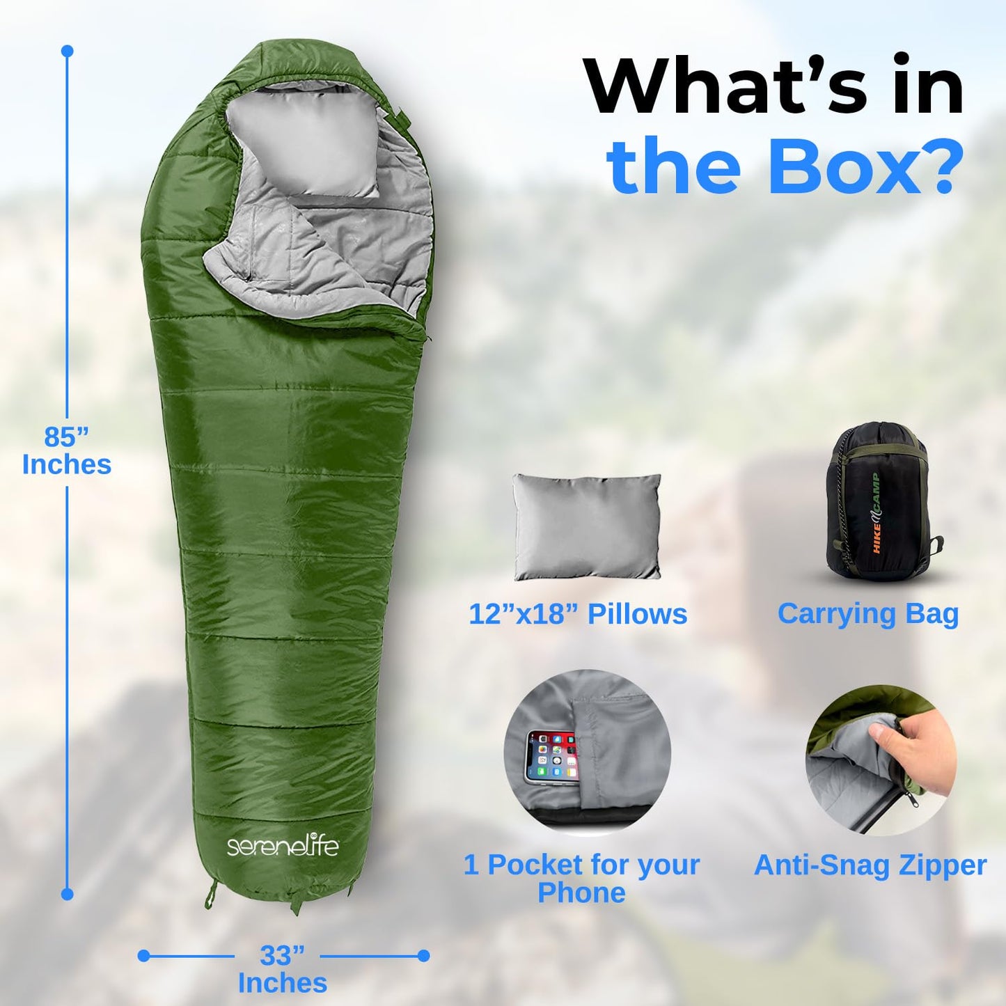 SereneLife Mummy Sleeping Bag with Travel Pillow – Lightweight 4-Season Sleeping Bag for Adults & Kids, Compact Compression Sack, 210T Waterproof Shell, Washable, for Camping, Hiking, Outdoor Use