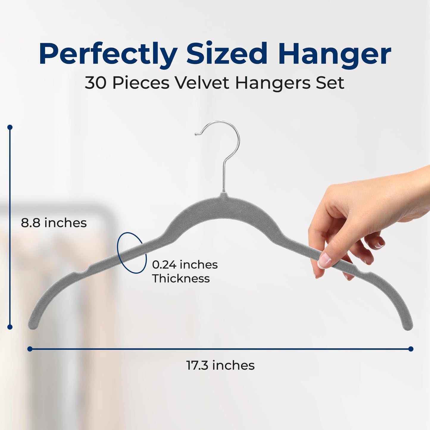 SereneLife 30-Piece Shirt Hangers, Premium Non-Slip Velvet Hangers Pack with 360° Swivel Hooks, Slim Space-Saving Design for Tops, Jackets, Blouses, & Strappy Dresses, Supports 8 lbs (Grey)