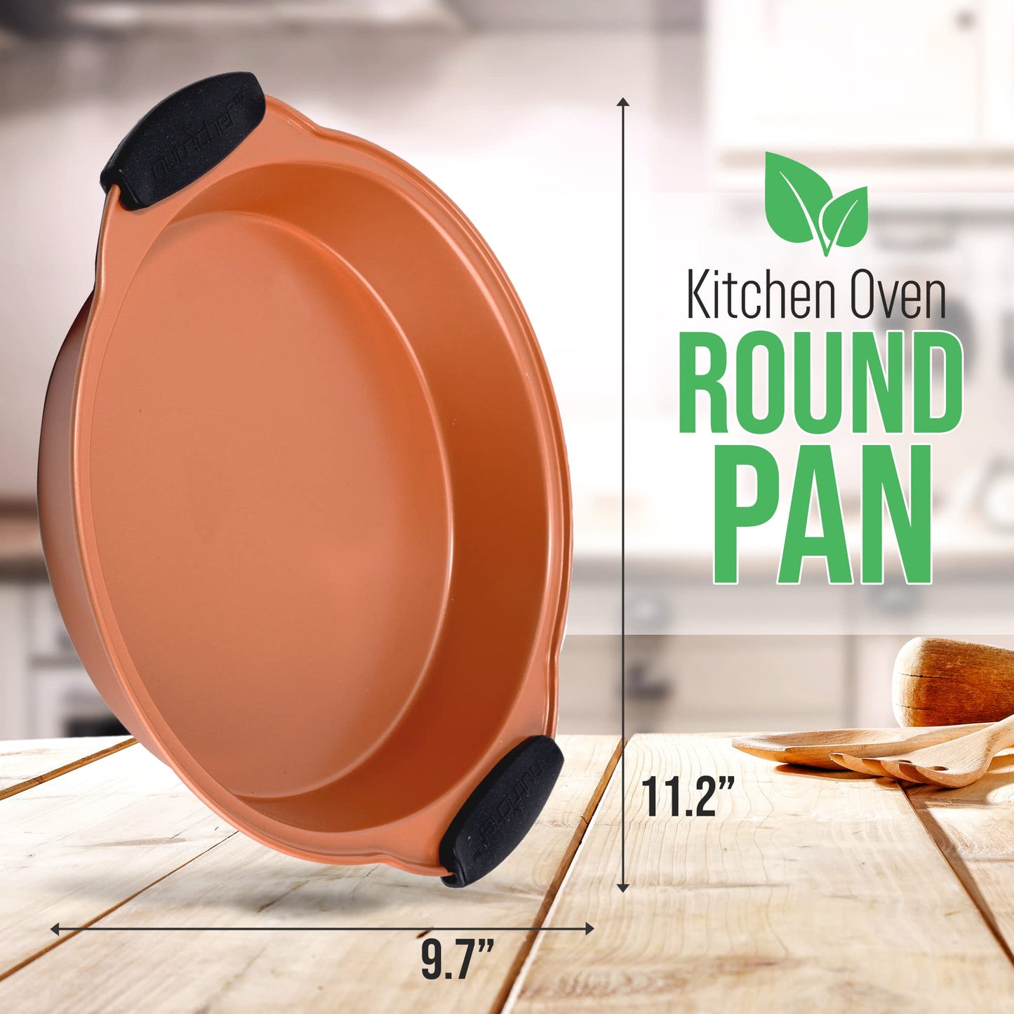 NutriChef Nonstick Round Cake Pan - Carbon Steel Oven Bakeware Pan with Silicone Grip Handles - PFOA, PFOS, PTFE Free - Bake Cake, Brownies, Pie, Bread, & More - Dishwasher Safe, 9.7 Inch (Copper)