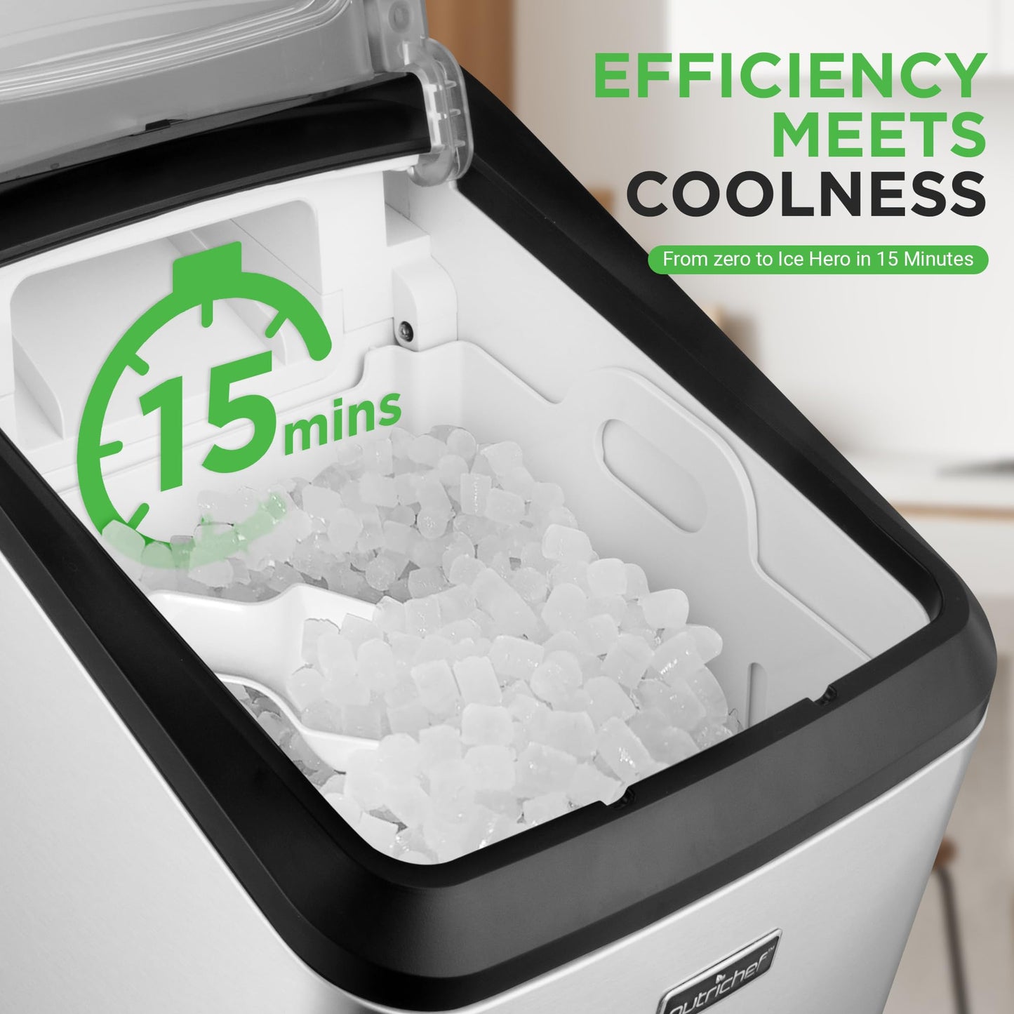 NutriChef Countertop Nugget Ice Maker Machine - Electric Nugget Ice Maker Countertop with Ice Scoop and Basket, Includes Rear-Mounted Hose Drainage, Compact, Convenient, and Incredibly Fast - NCICNUG