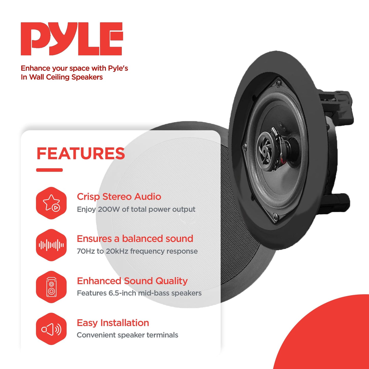 Pyle PDIC61RDBK In-Wall / In-Ceiling Dual 6.5-Inch Speaker System, 2-Way, Flush Mount, Black (Pair)