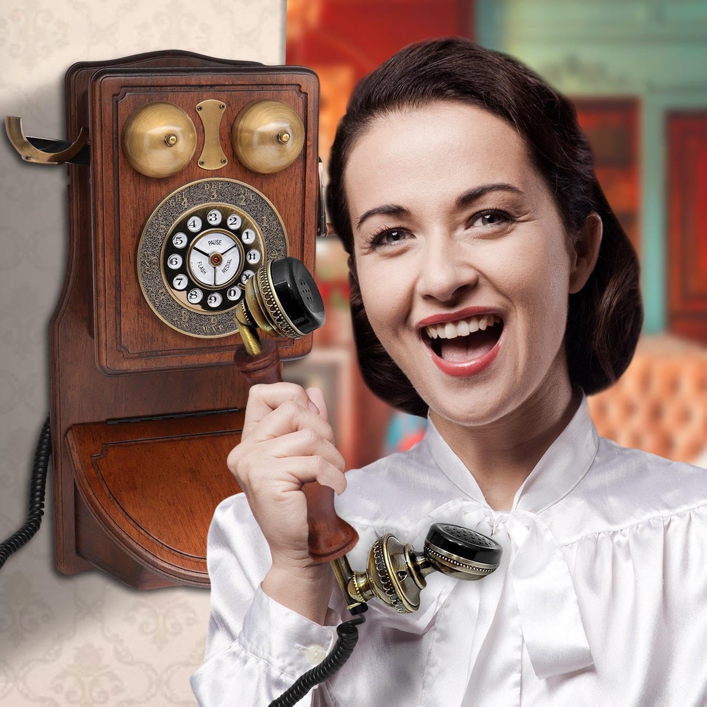 Pyle Vintage Classic Wall-Mount Corded Phone – Retro Design with Crank Handle, Tone/Pulse Switch, Redial Function, Handcrafted Wood & Veneer, Antique Landline Telephone