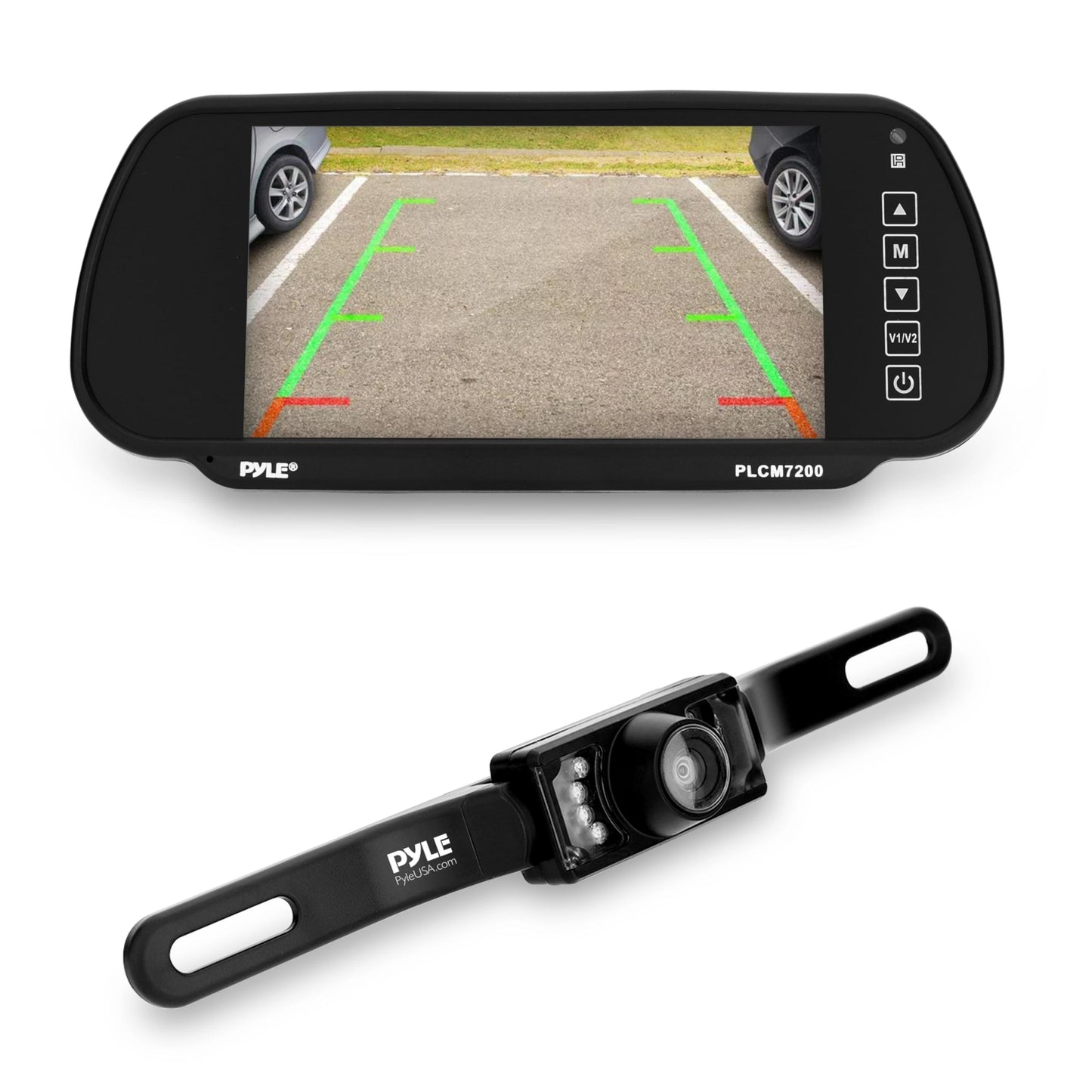 PYLE BACKUP CAR CAMERA, 7" LCD DISPLAY, NIGHT VISION, WATERPROOF, DISTANCE SCALE LINES - COMPLETE SYSTEM WITH ALL NECESSARY CABLES AND WIRING, LICENSE PLATE MOUNTABLE, AUTO SWITCH PAL/NTSC