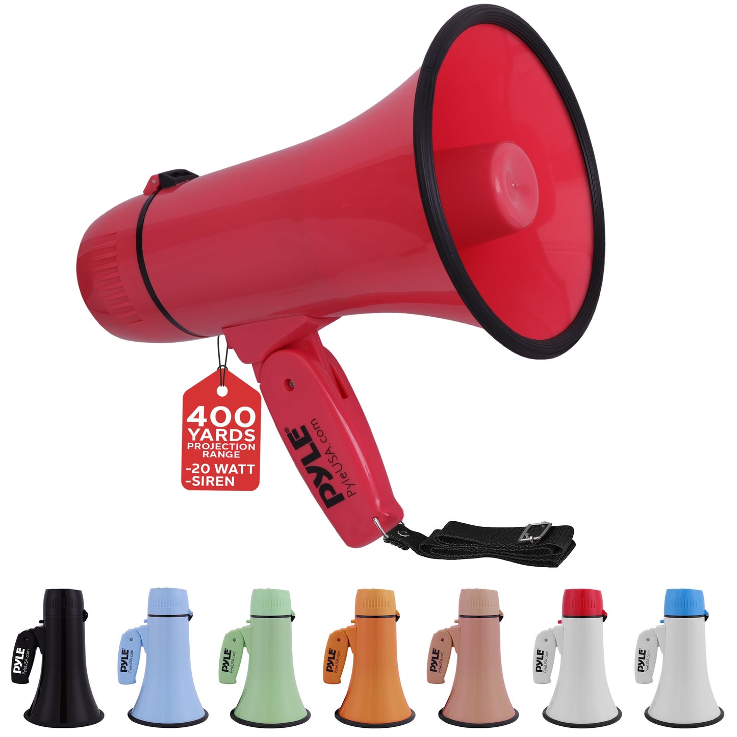 Pyle 20W Megaphone Bullhorn - Portable, Automatic Siren & Adjustable Volume,Projection Range Up to 400 Square Yards, Aux Input, Talk, Siren, Music, Whistle, & Record, Shoulder Strap (Red)