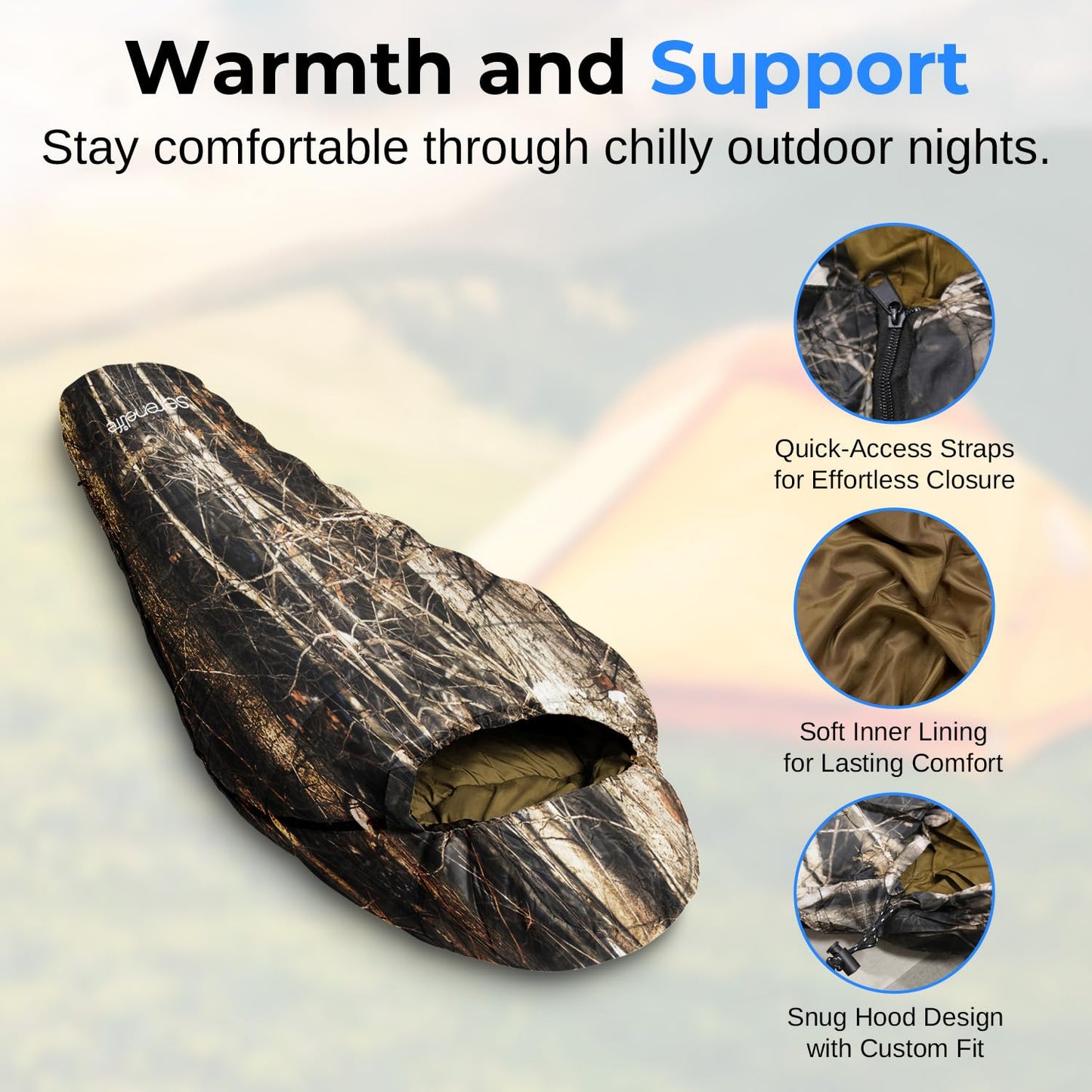 SereneLife Backpacking Sleeping Bag Camping Gear, Mummy Sleeping Bag For Adults/Teens w/ Pillow and Bag - Outdoor Lightweight Weather Proof Sleeping Bag for Camping, Hiking Traveling, Real Tree