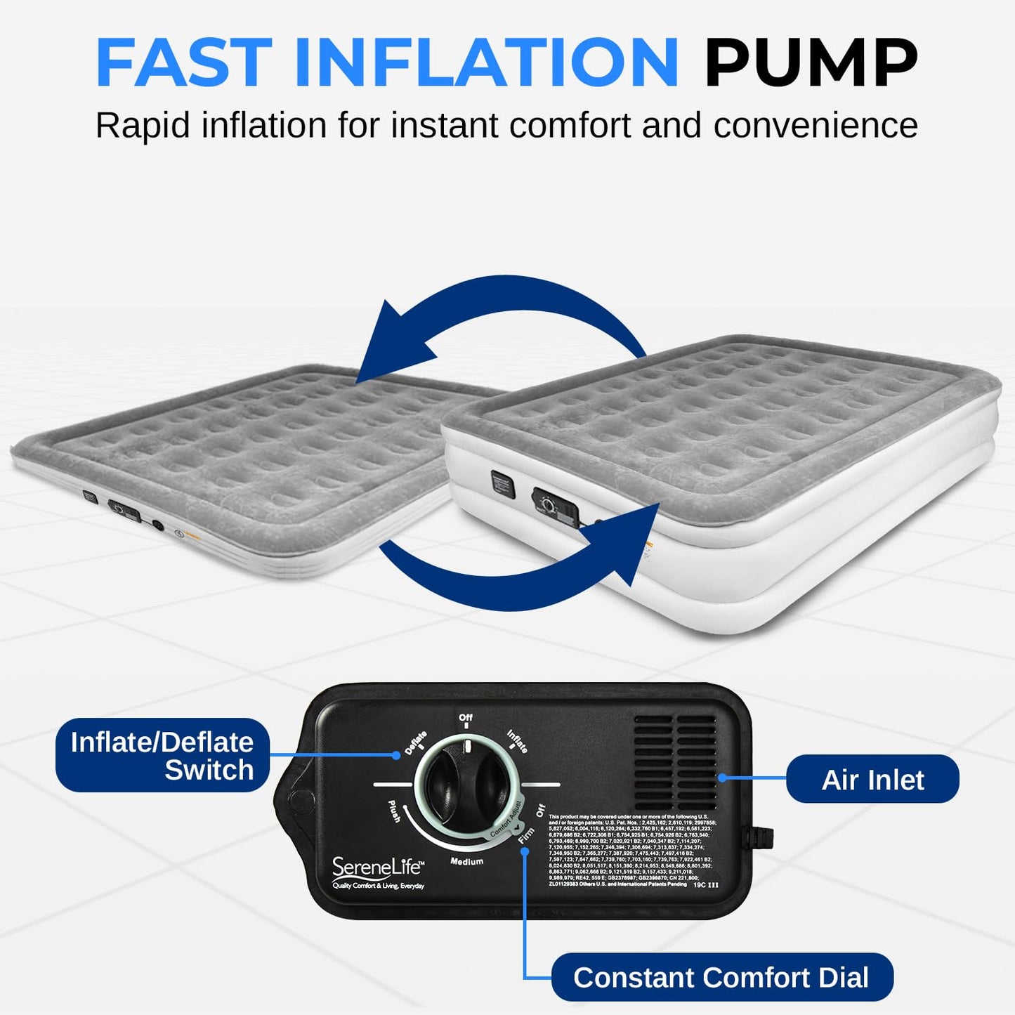 SereneLife Luxury Full Size Air Mattress with Built-In High Speed Pump, Adjustable Firmness Levels, Strong Spine Support, 18" Inflatable Airbed for Guests, Home, Camping, and Travel