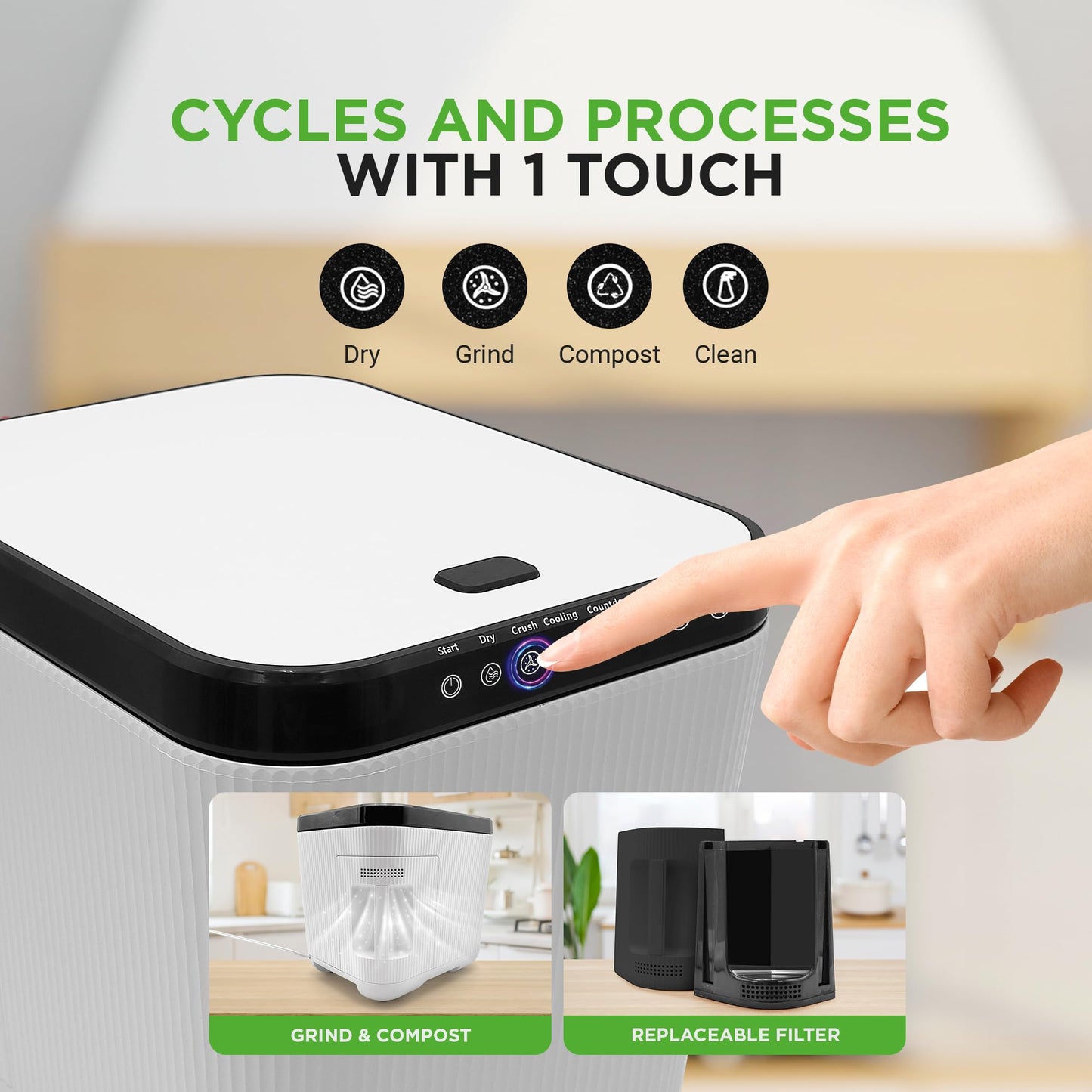 Nutrichef 3L Electric Kitchen Composter - Compost’s Organic Material & Food Scraps | Countertop Automatic Compost Bin | Dry, Crush, & Cooling Functions | Perfect for Kitchens & Apartments | White