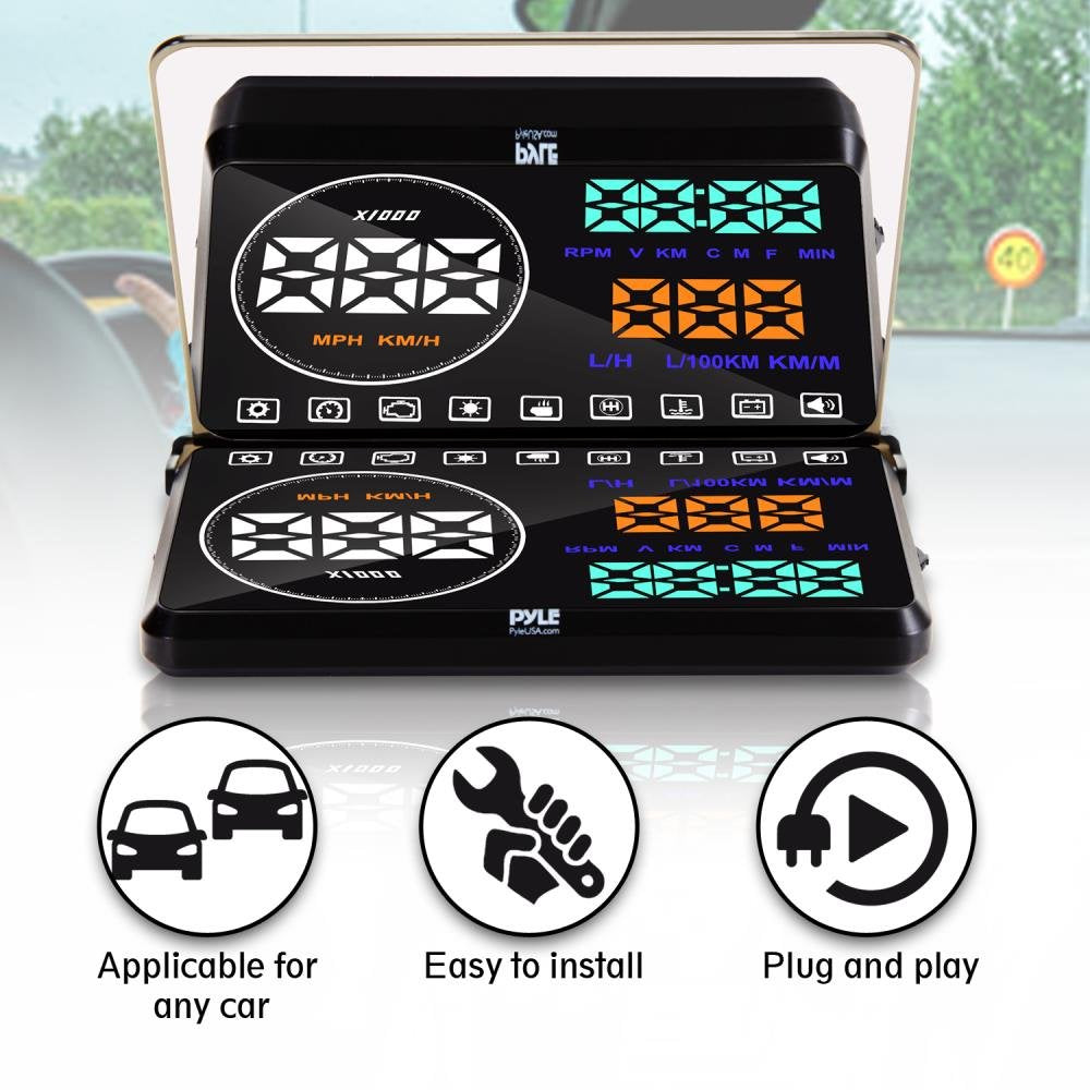 Pyle Universal 5.5’’ Car HUD Head-Up Display Windshield Screen Projector Vehicle Speed & Diagnostic Monitor System Plug & Play OBD2/EUOBD Water Temp, Voltage, Fuel Indications & More (PHUD18OBD)