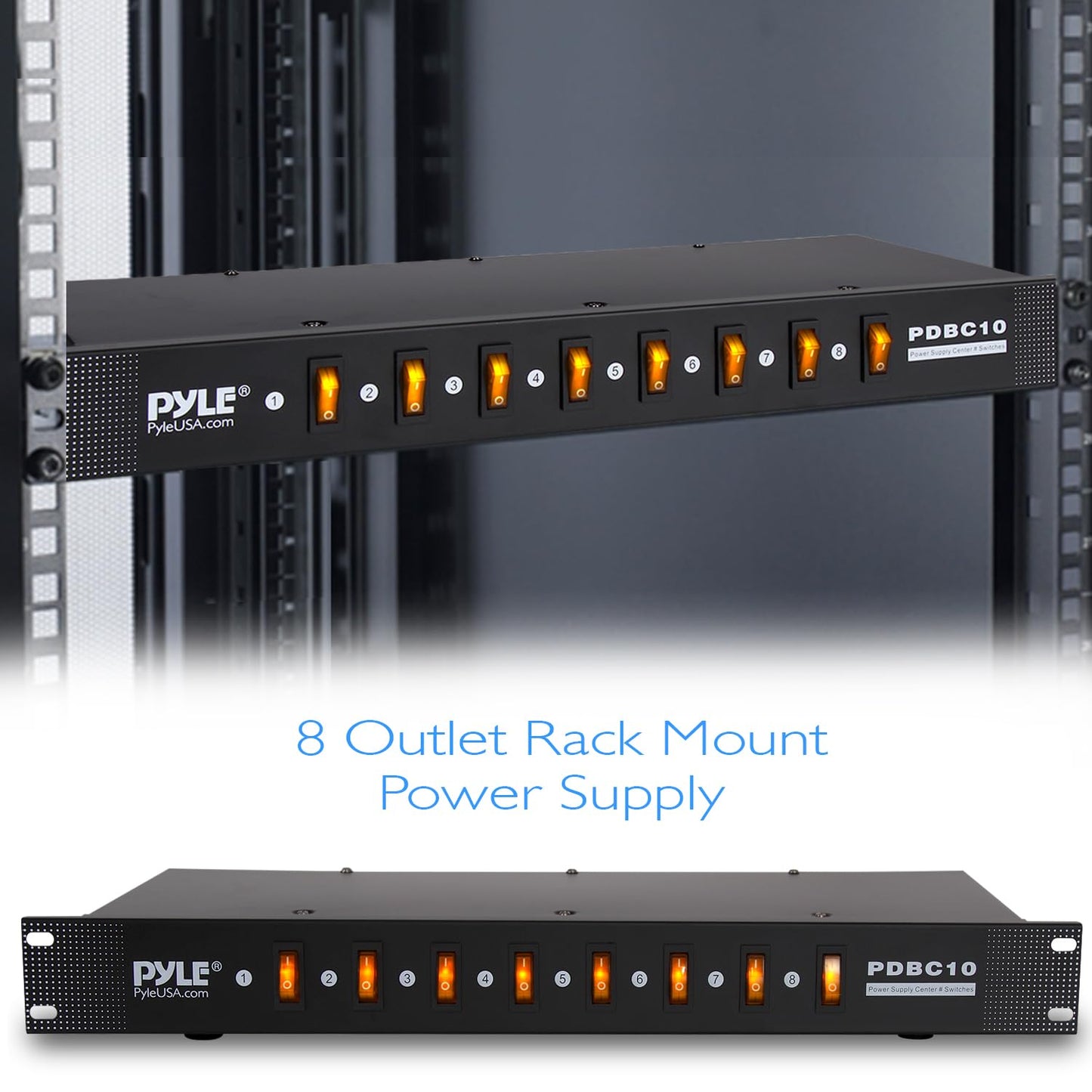 PYLE-PRO 8 Outlet Strips Electric Rack Mount PDU Unit w/ Digital Display and Surge Protection, 1U/15A/120V Aluminum Alloy Power, Covered w/ ON/OFF Switch, Wide Usage & Built-In Circuit Breaker