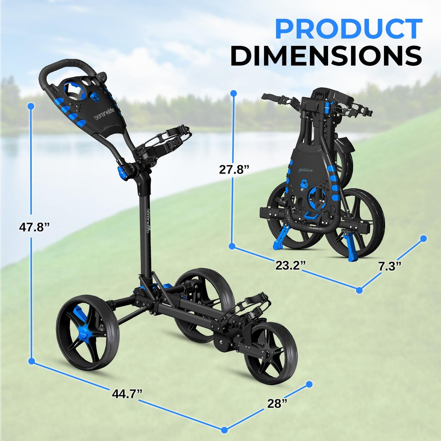 SereneLife 3 Wheel Golf Push Cart – Lightweight, Foldable, Collapsible, Adjustable Handle, Golf Caddy Accessories, Built-In Cooler Storage/ Scorecard/ Cup Holders, Compact for Travel