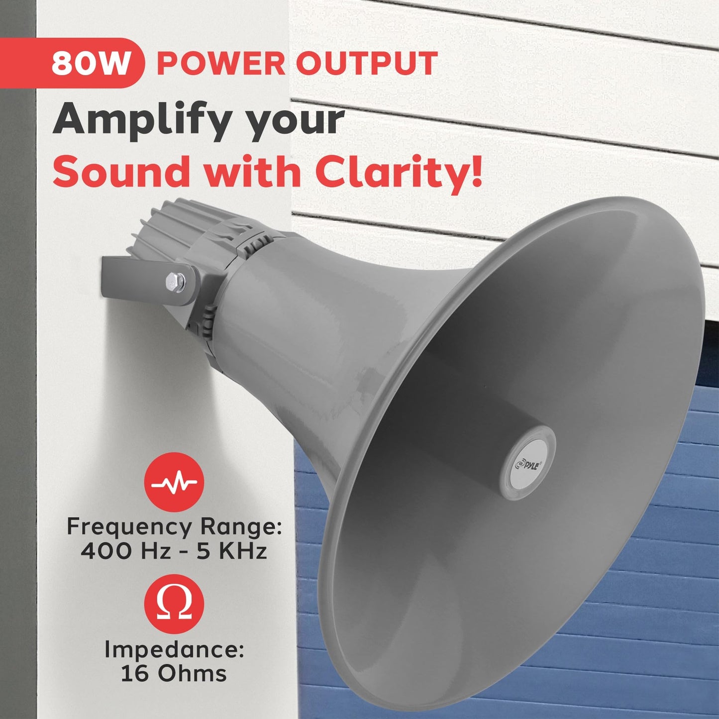 Pyle 80W Outdoor PA Horn Speaker with Aluminum Housing -16 Ohm 70V/100V Transformer Tapping 400Hz–5KHz Frequency,Includes Mounting Bracket,Compact & Lightweight,Perfect for Indoor/Outdoor use,Grey