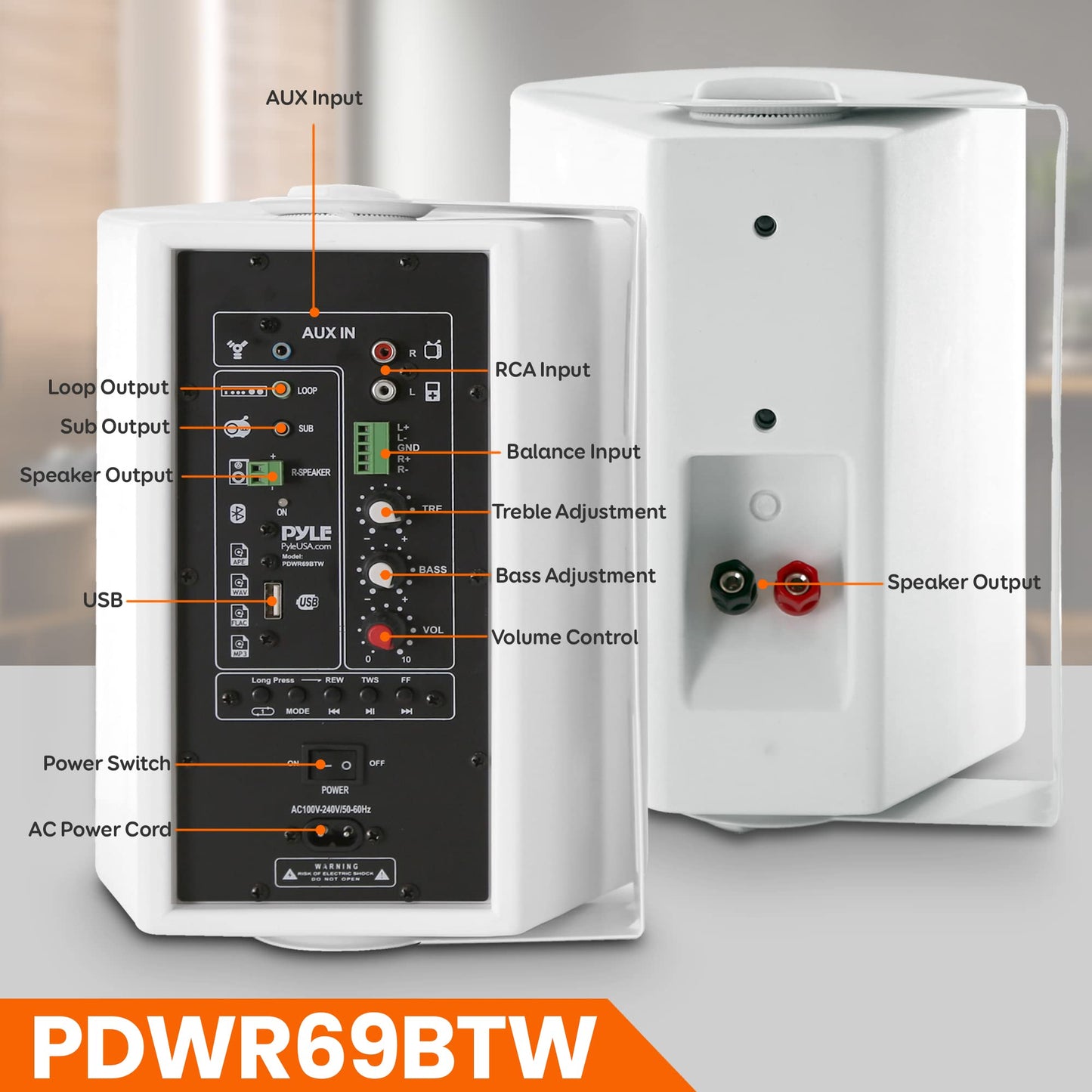 Pyle 6.5'' Wireless BT Streaming Speakers - Pro-Active, Wall Mountable, 100W MAX w/ 2-Way Full Range Stereo Sound Reproduction, Built-in Digital Sound Amplifier, Pair, Elegant White Color - PDWR69BTW