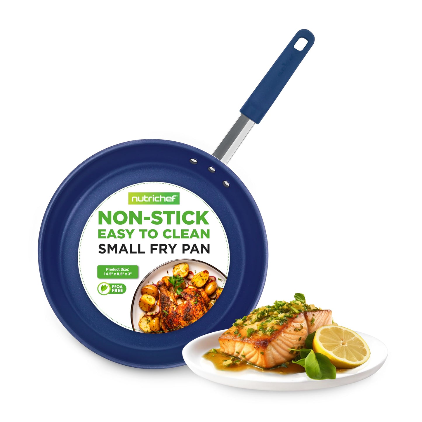 NutriChef 8" Small Fry Pan - Small Skillet Nonstick Frying Pan with Silicone Handle, Ceramic Coating, Blue Silicone Handle, Stain-Resistant, And Easy To Clean, Professional Home Cookware
